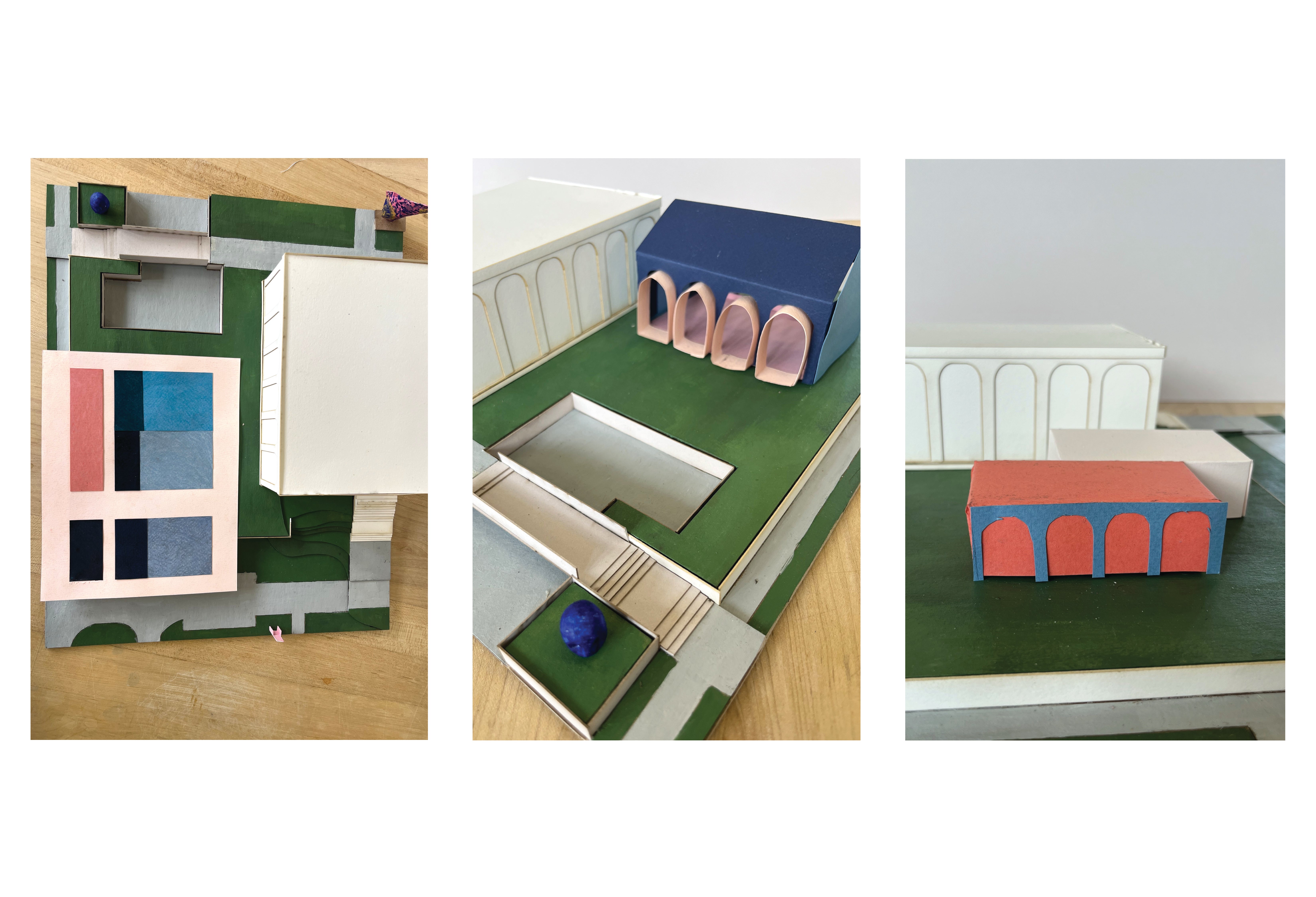 A model of the Sheldon Art Museum with colorful paper swatches and colorful sketch models of proposed addition.