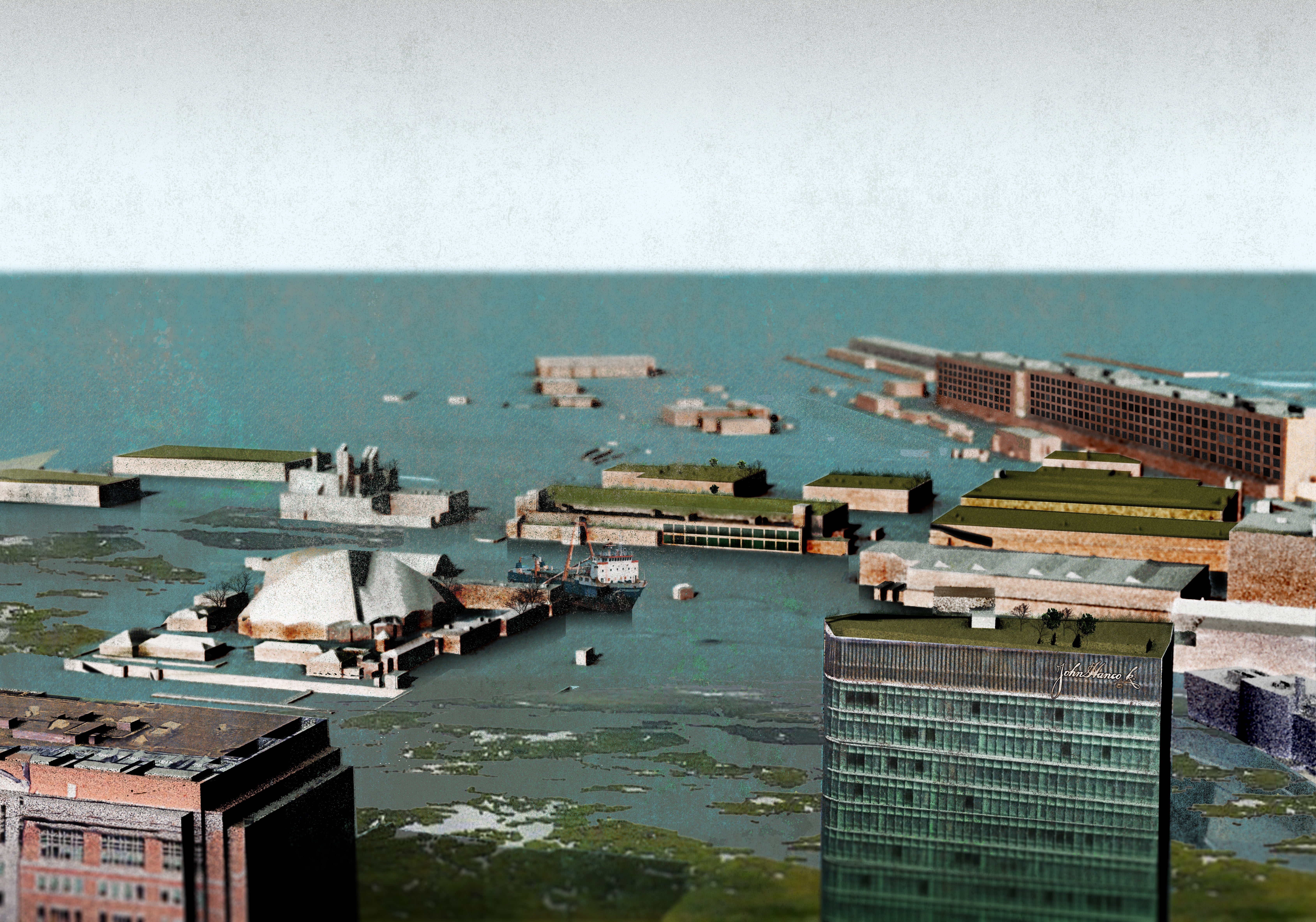 Digital render of the Seaport District, East Side, Abandoned in the year 2100 Due to Climate Change. 