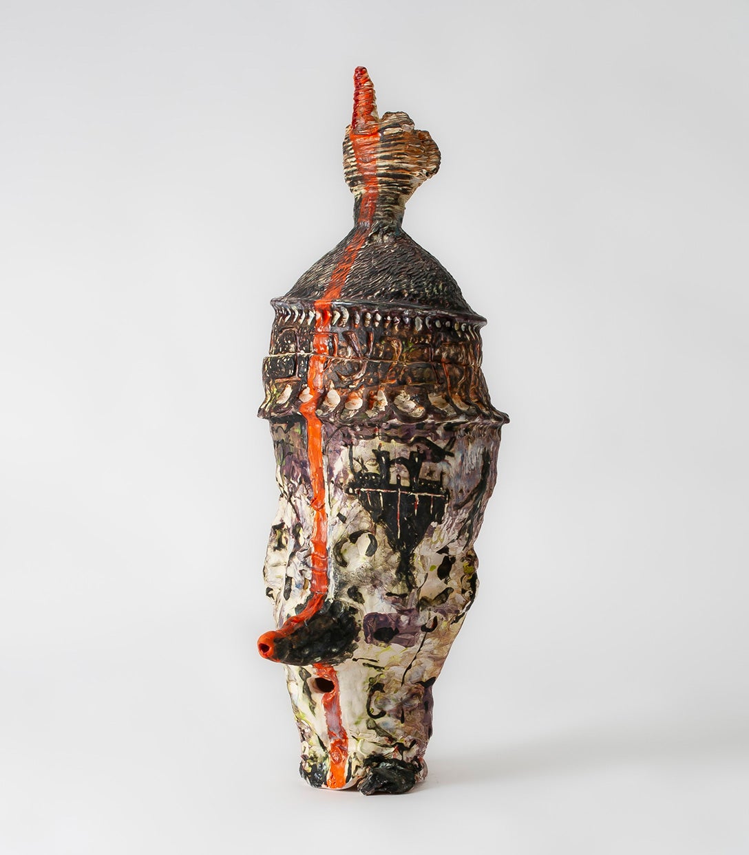 Large, ceramic jar covered in imagery with ceramic printed Yad adorned lid