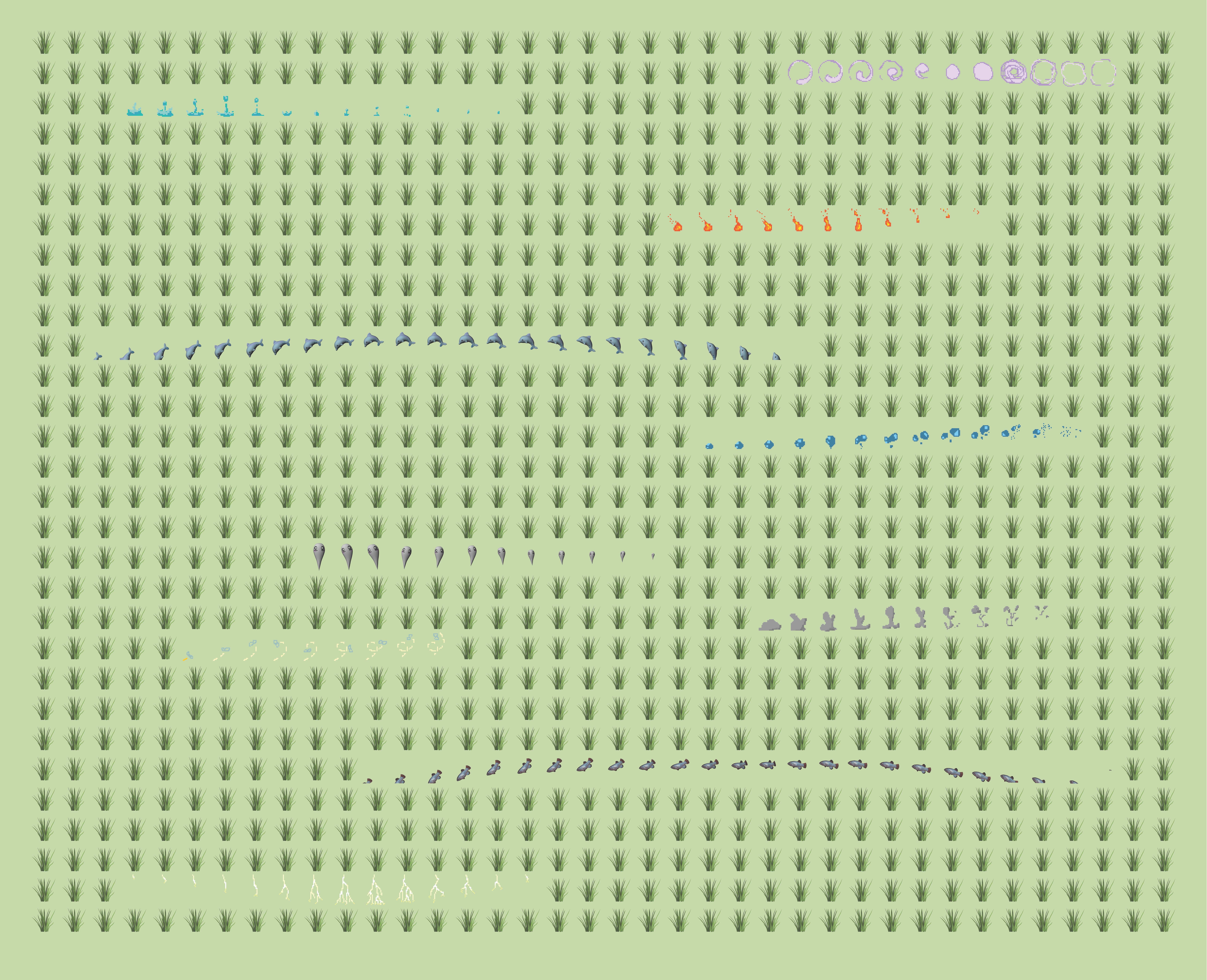 Front of broadsheet newsprint featuring grass assets and sprite sheets.