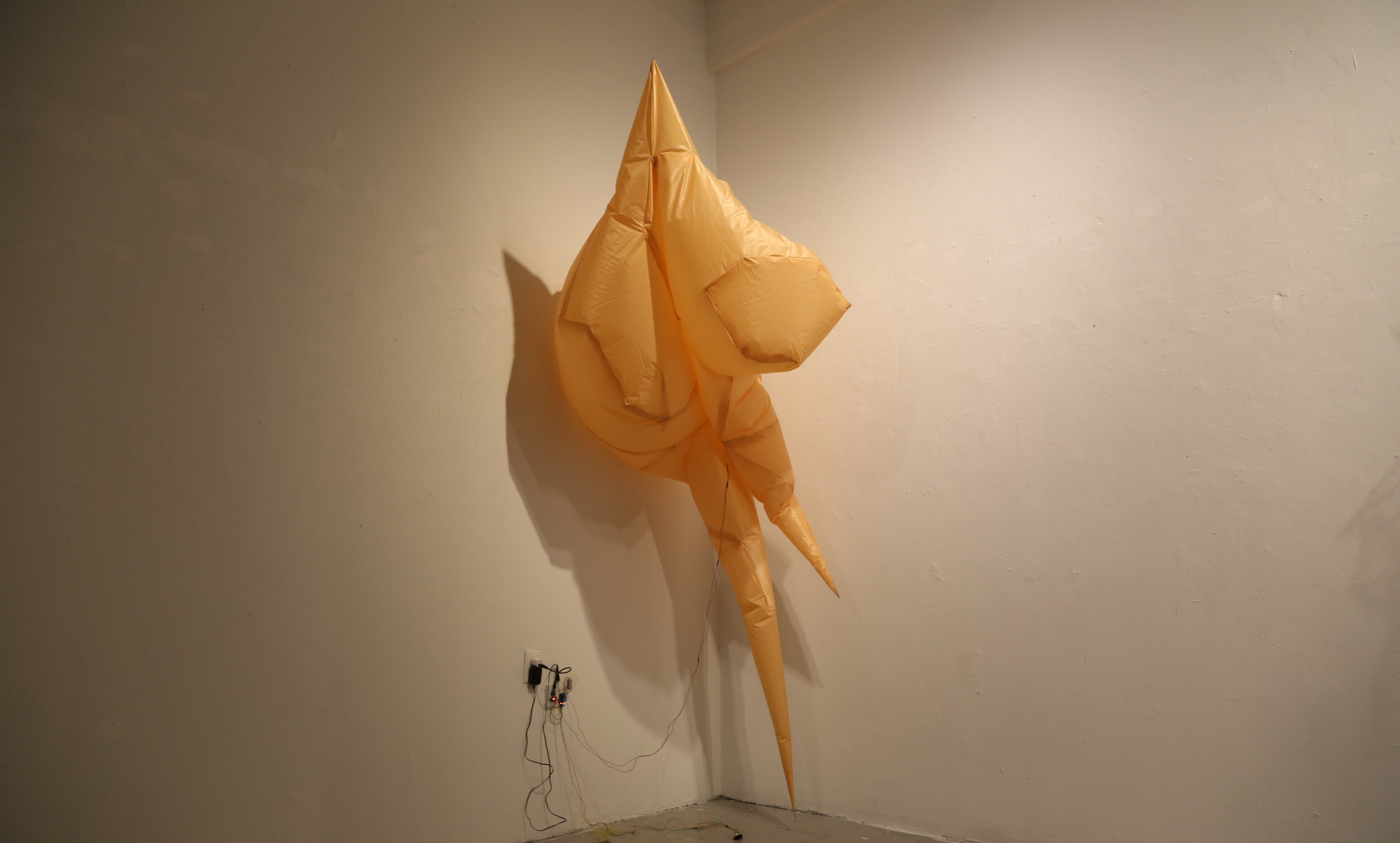 A partially deflated, mirage-like inflatable object made of fabric.