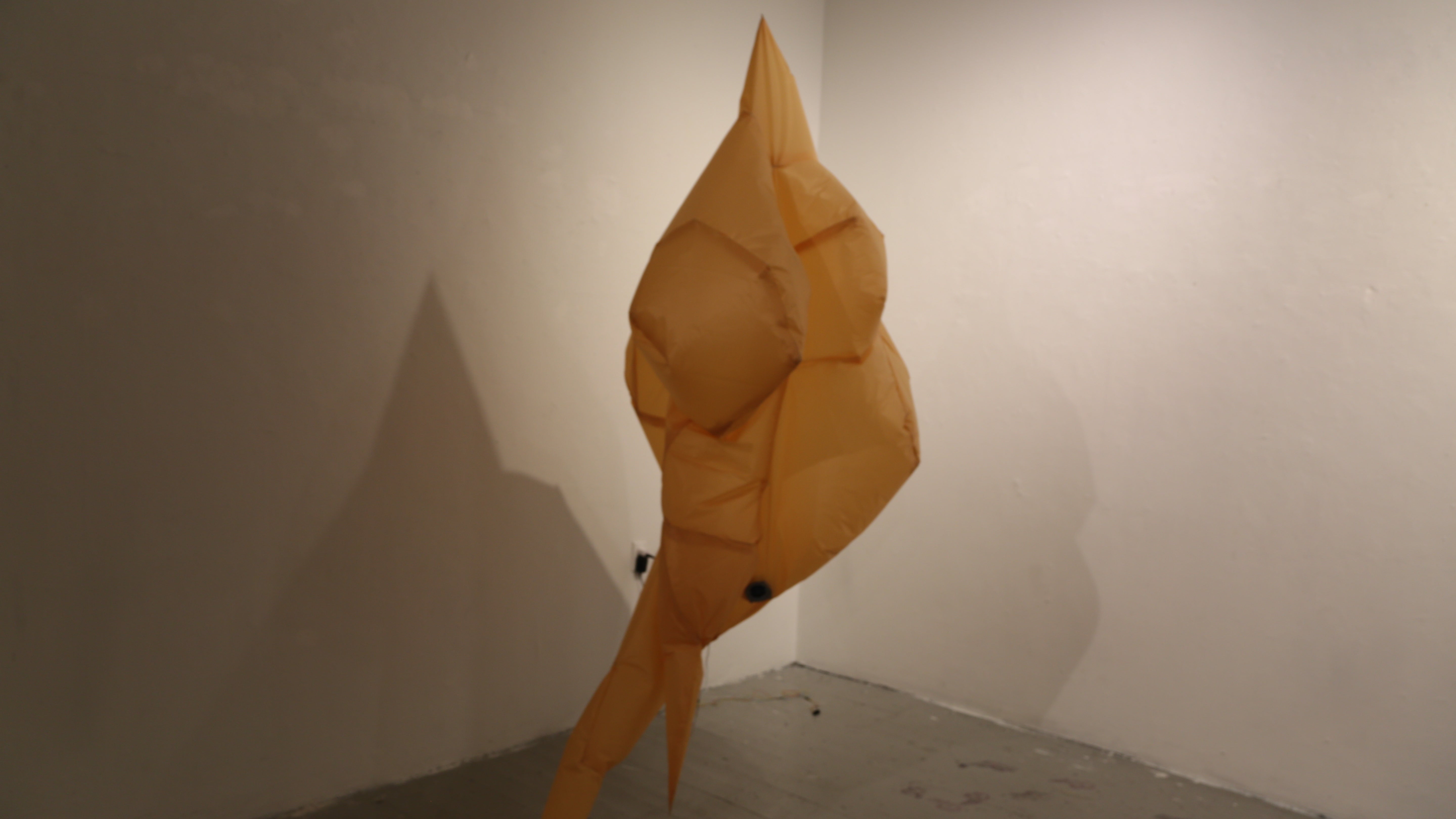 A significantly deflated, mirage-like inflatable object made of fabric.
