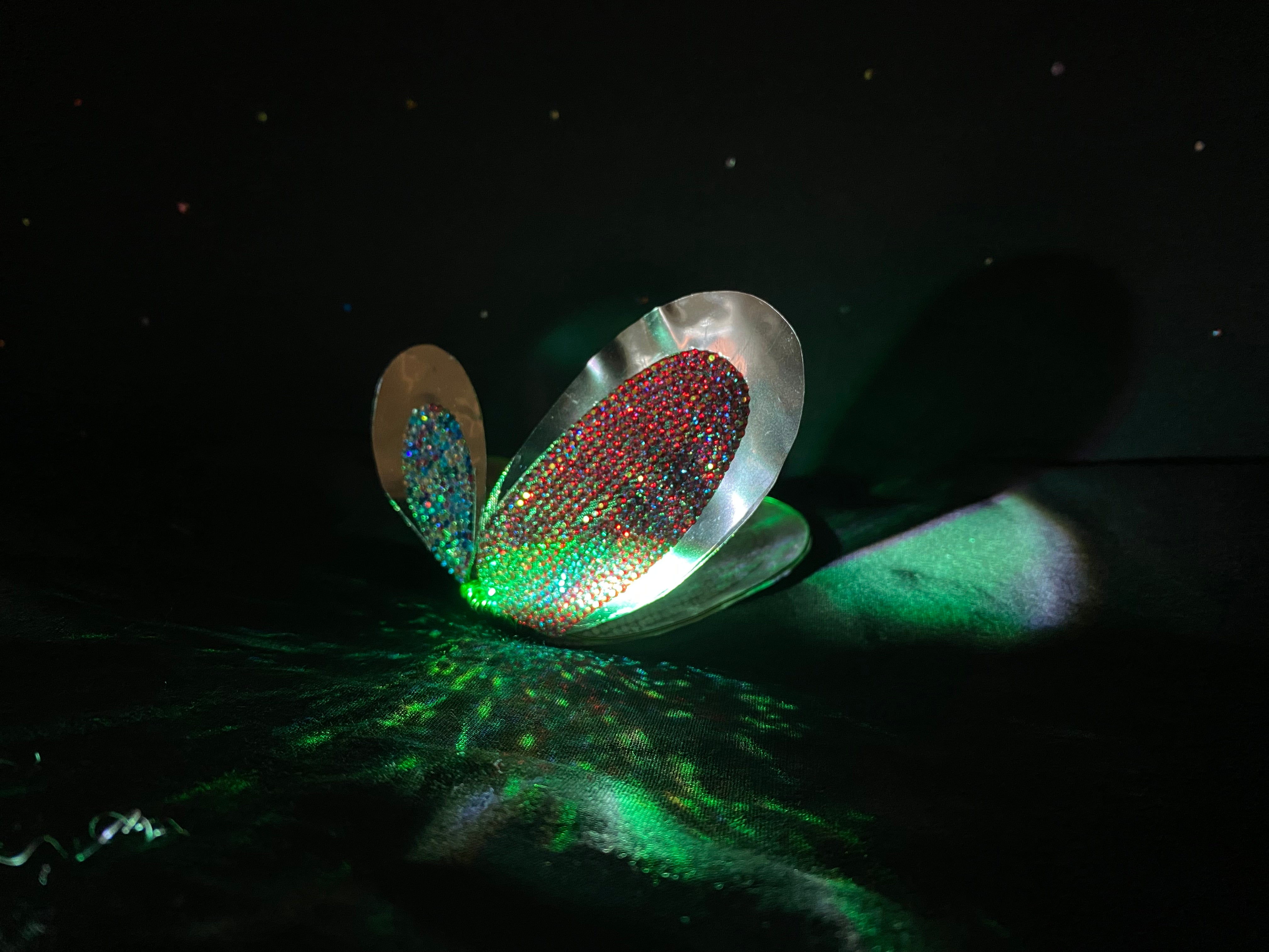Light refracting from the rhinestones and mylar that the butterfly is made with.