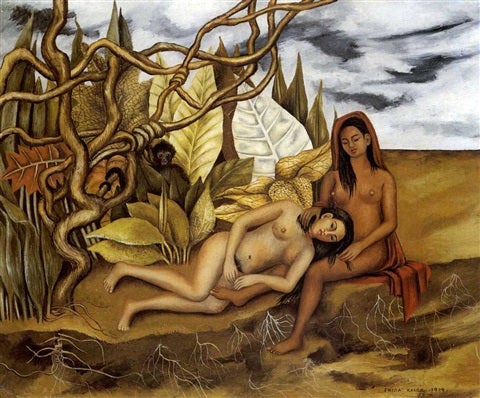 Painting of two naked women at the edge of a jungle