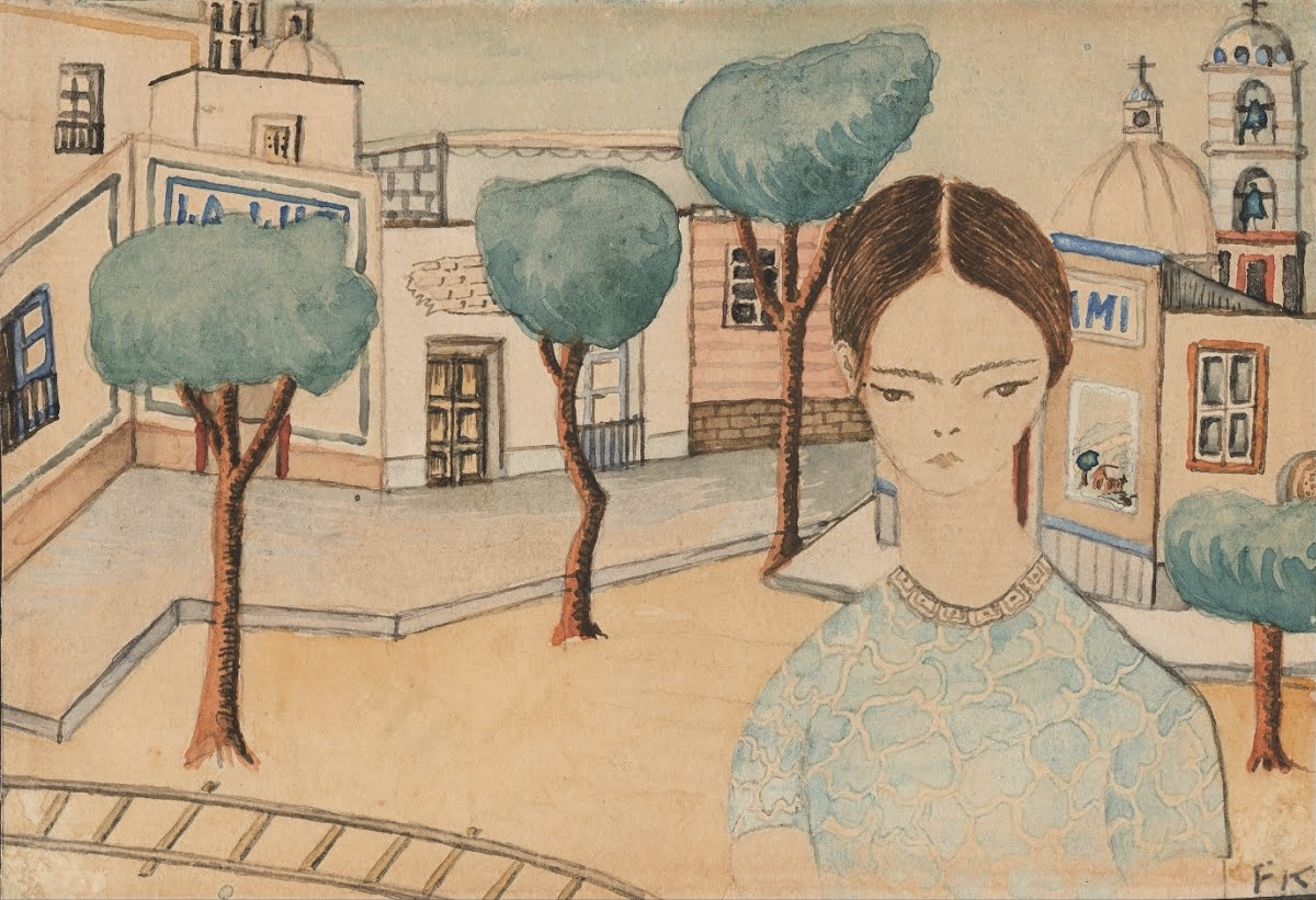 Watercolor painting of a girl amid family homes, trees, and a church.