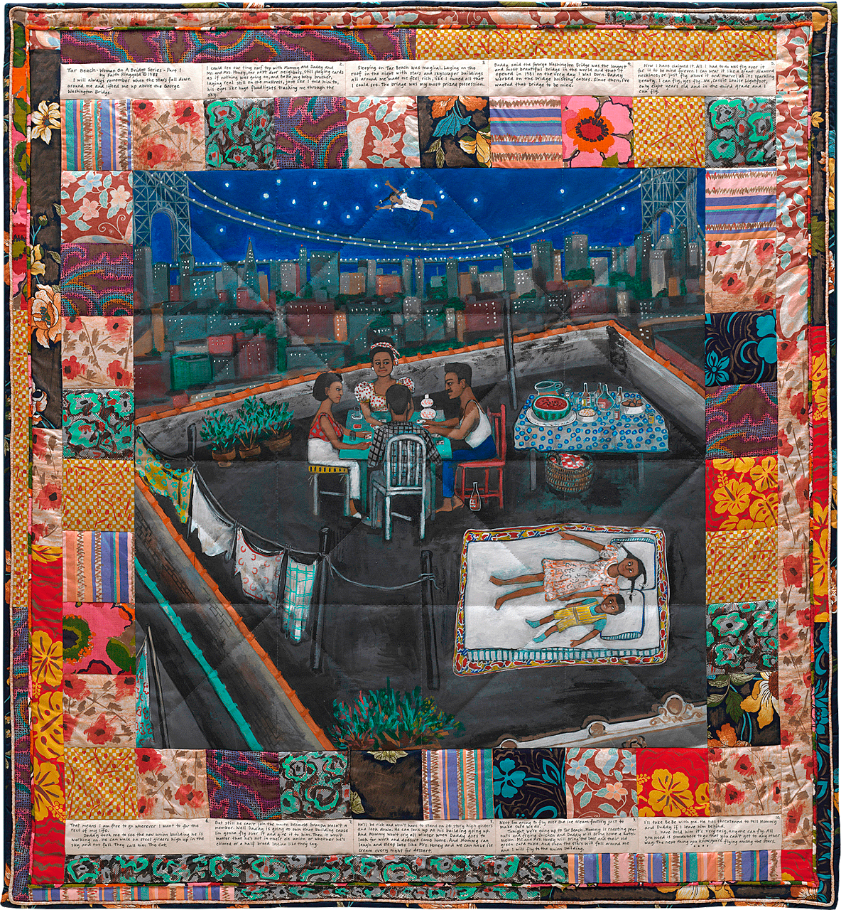 Colorful painting on fabric depicting the inscribed story of Cassie Louise Lightfoot, who flies over the George Washington Bridge