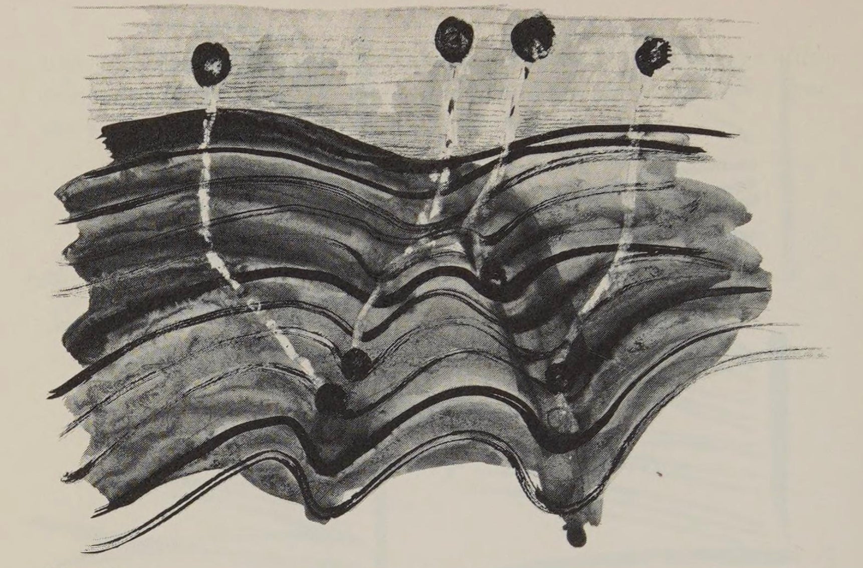 Ink drawing of projectiles emerging from hills.