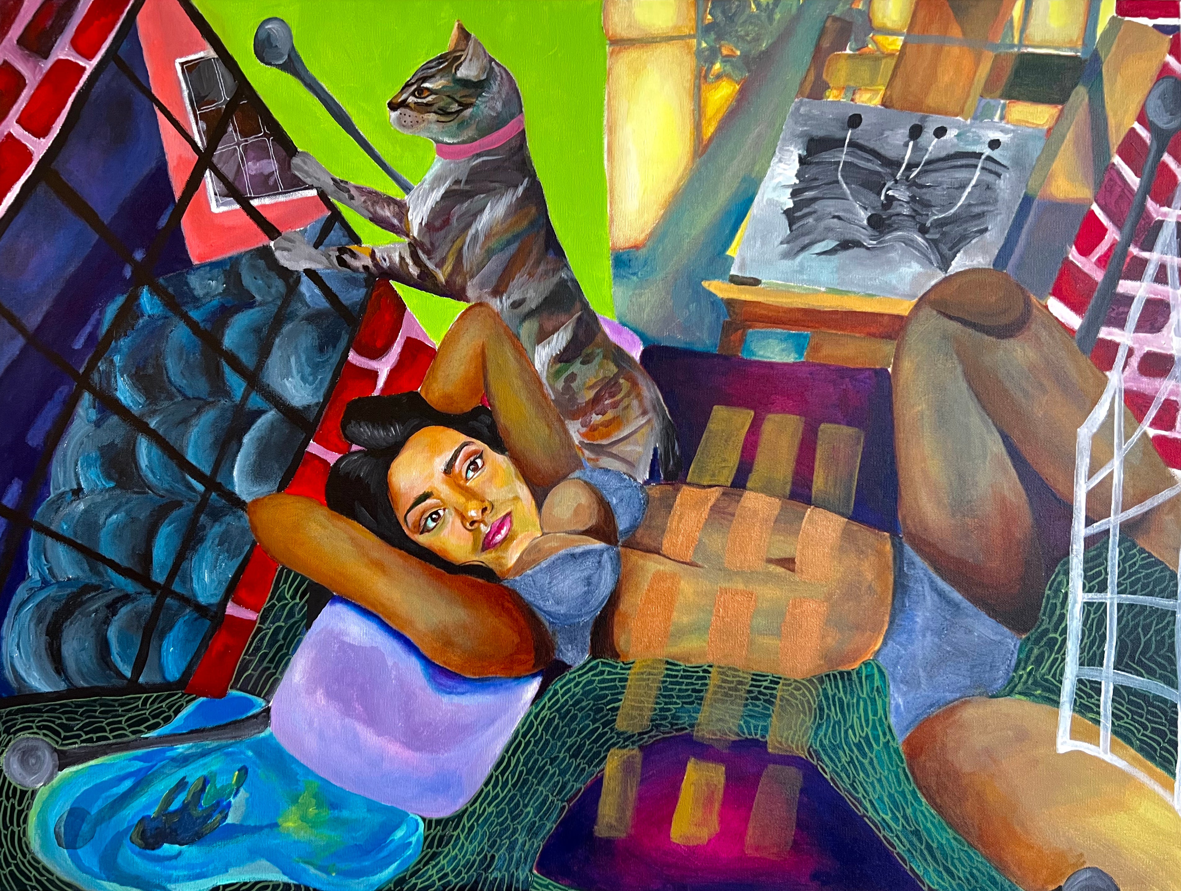Acrylic painting of a woman and her cat on a bed, with ink drawing of projectiles emerging from hills in the background.