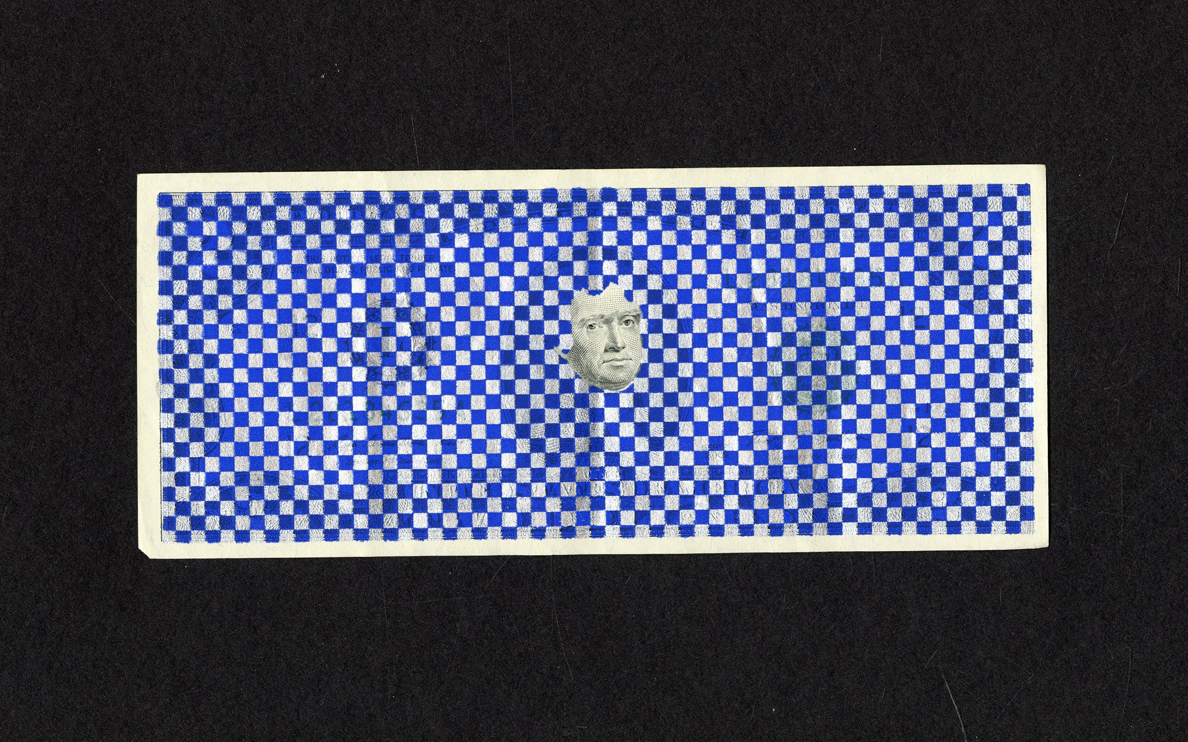 Two dollar bill, silver and blue checkered patterned has been printed everywhere except for Jefferson's head