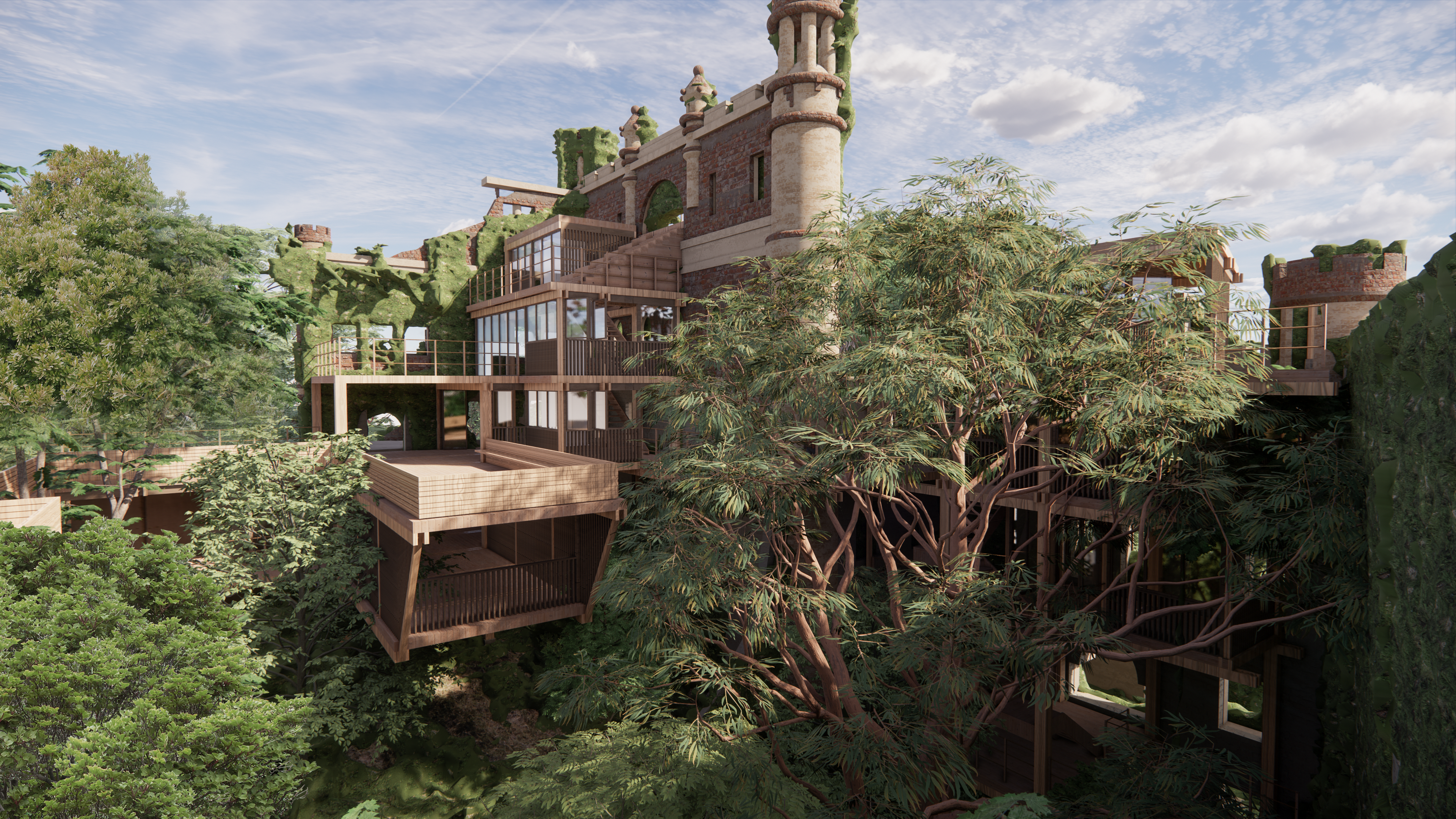 Wooden structures can support precarious ruins. Over time, vines will bestow the architecture with a new skin.