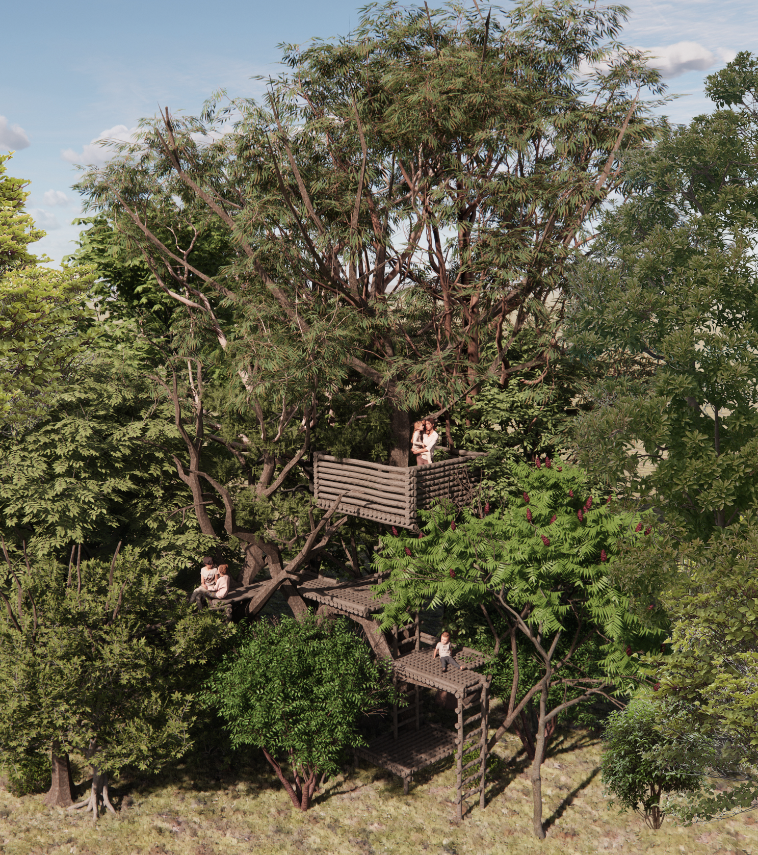 A treehouse serving as a platform for children's activities exhibits different appearances in different seasons.
