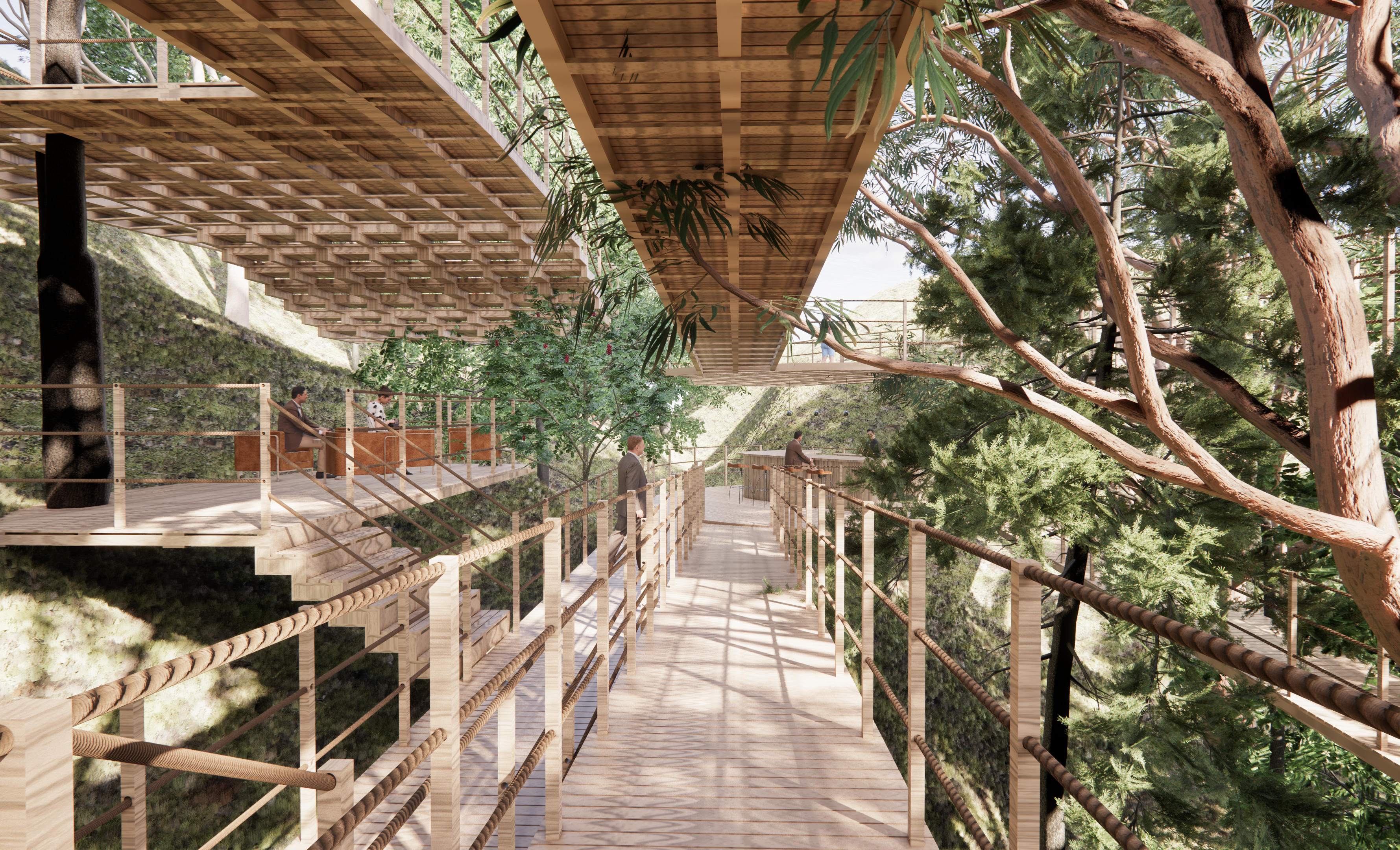 Tree trunks serve as supports for the walkway, while the treetops become the roof.