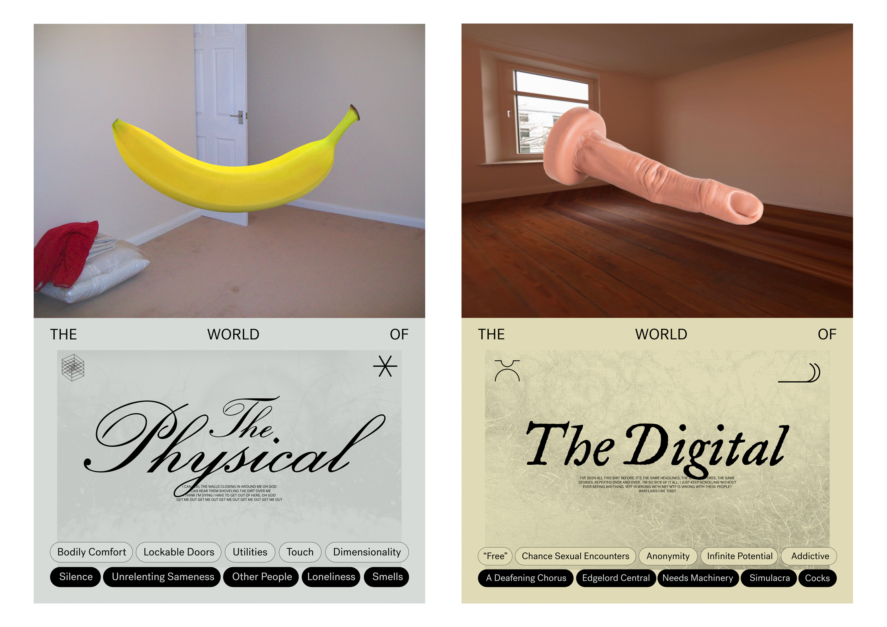 two posters that say "The Physical" and "The Digital", one with a banana, one with a finger