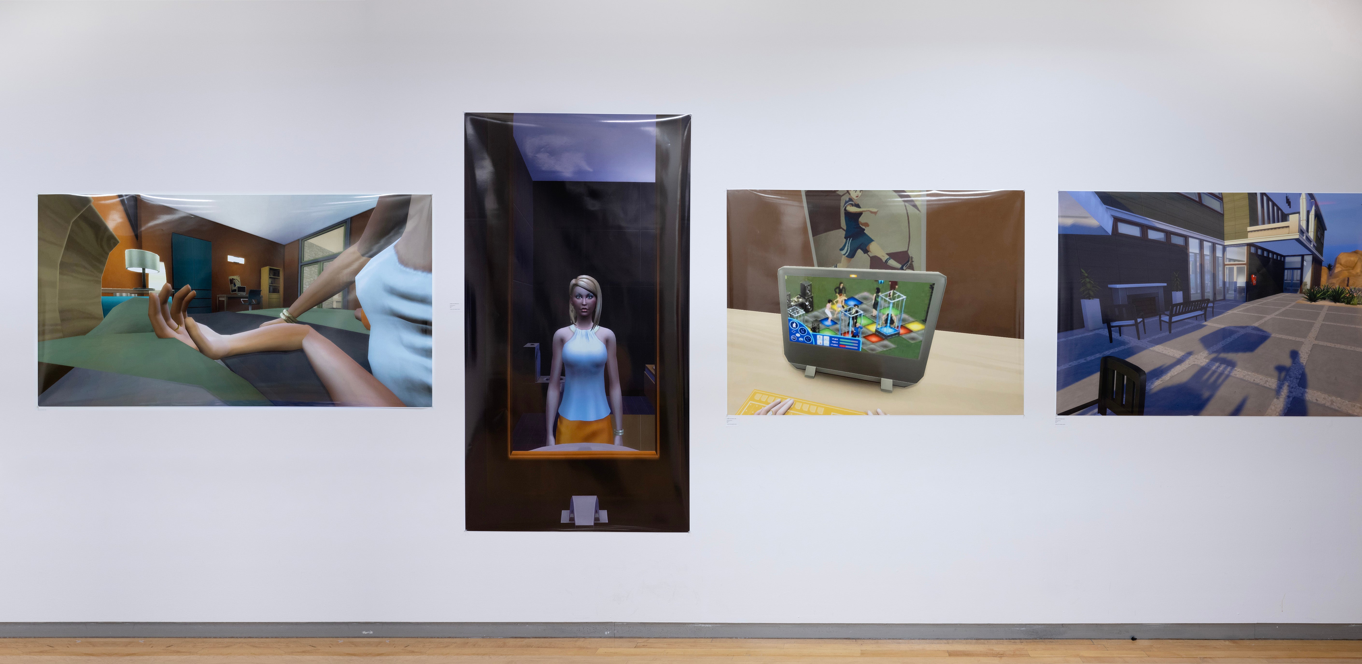 A series of large prints featuring life-sized digital avatars in a suburban environment from a first person perspective
