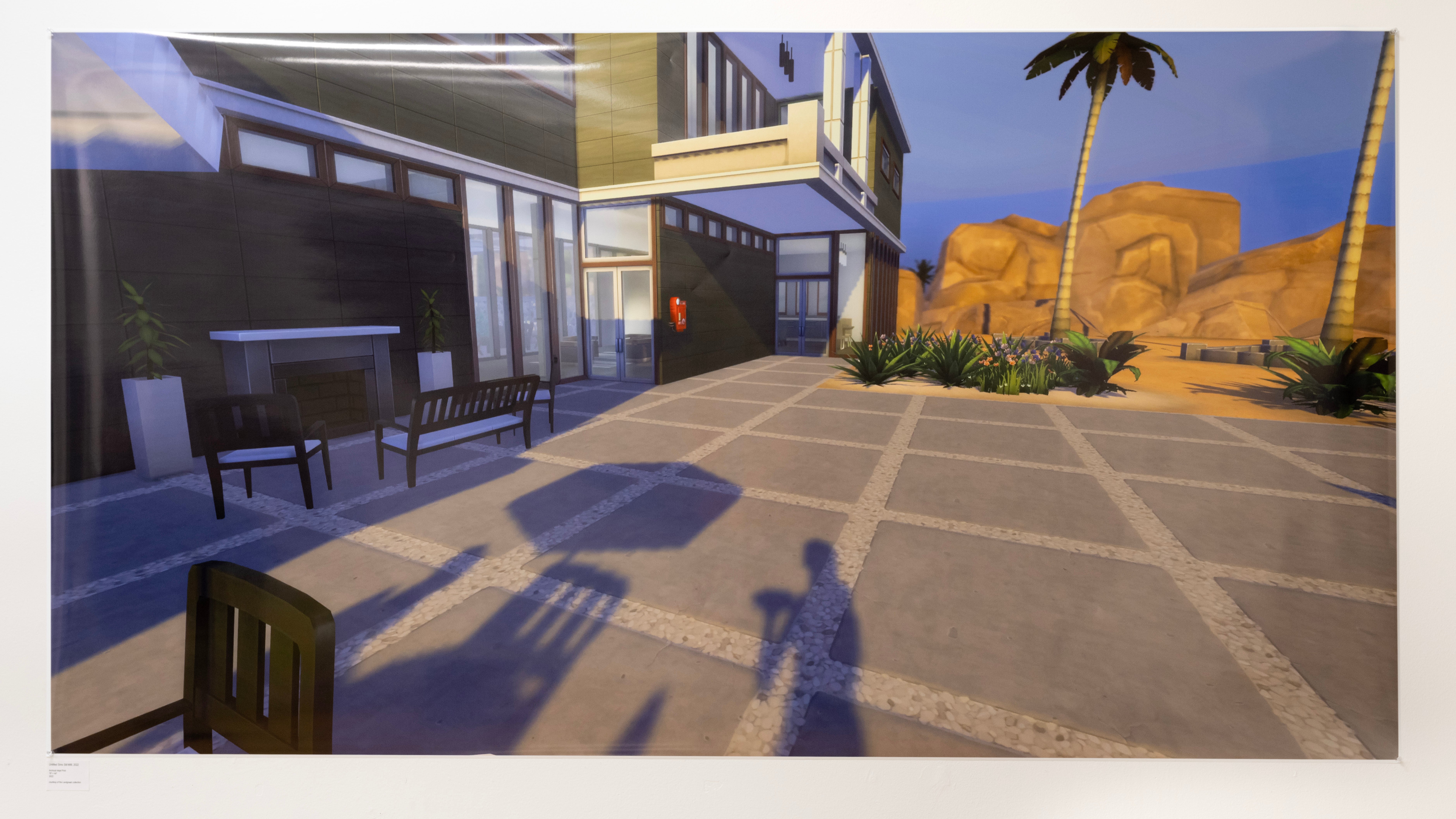 A shadow of a digital avatar with her dinner on her suburban patio