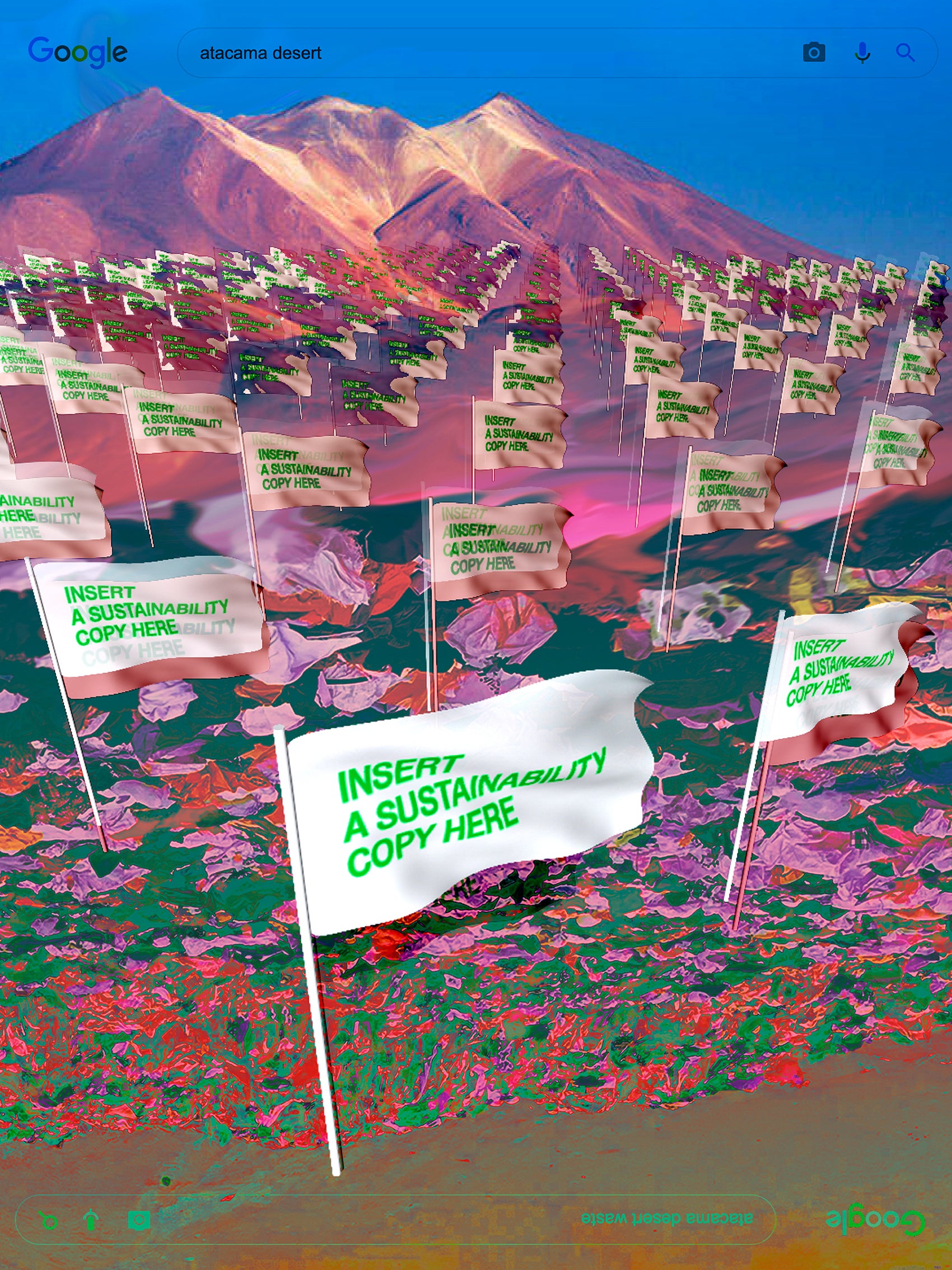 A poster with flags to symbolize fast-fashion brands' green washing