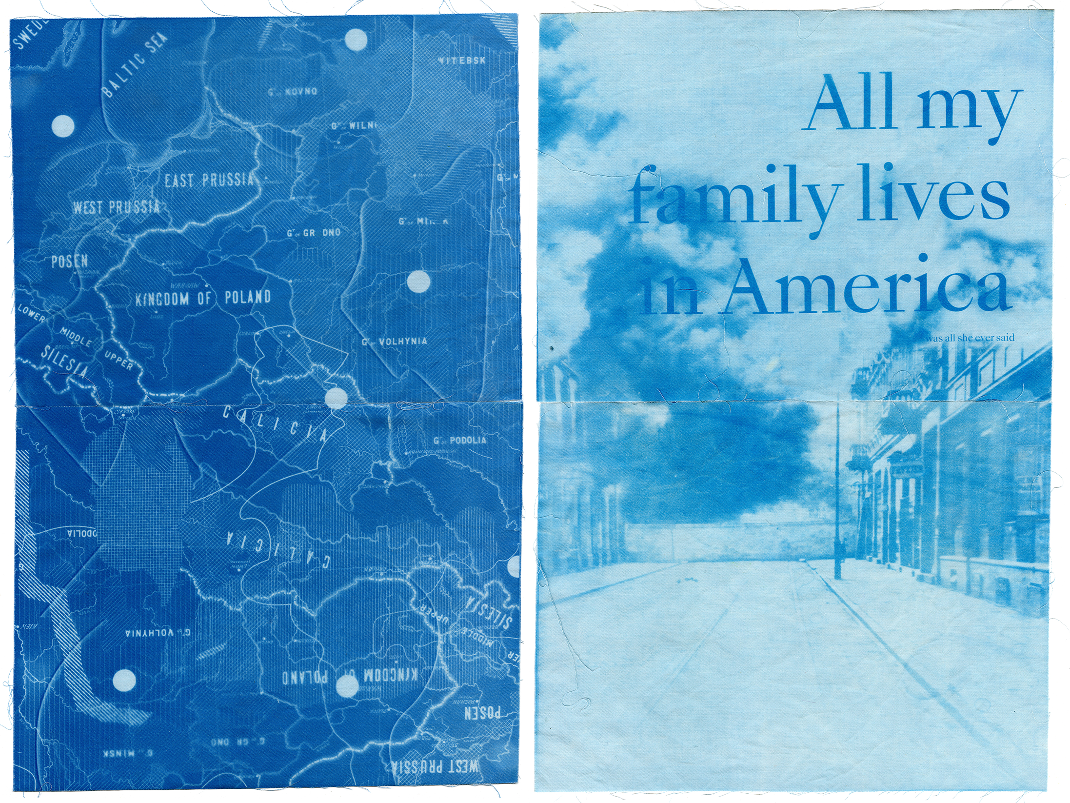 two cyanotype printed cotton pannels, one depicting a map of Poland and the other the Warsaw ghetto