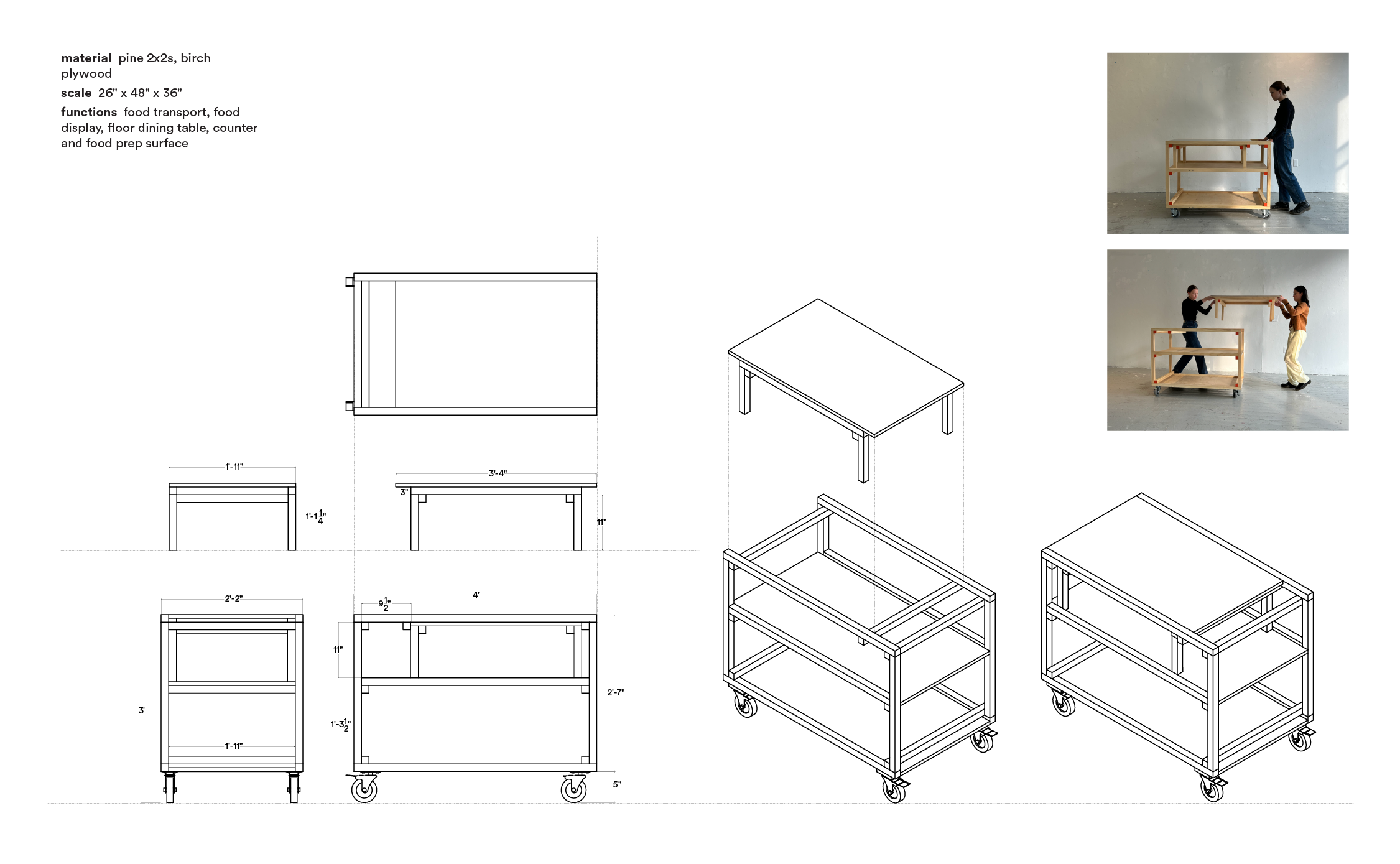 orthographic drawings and an exploded axon of the food cart