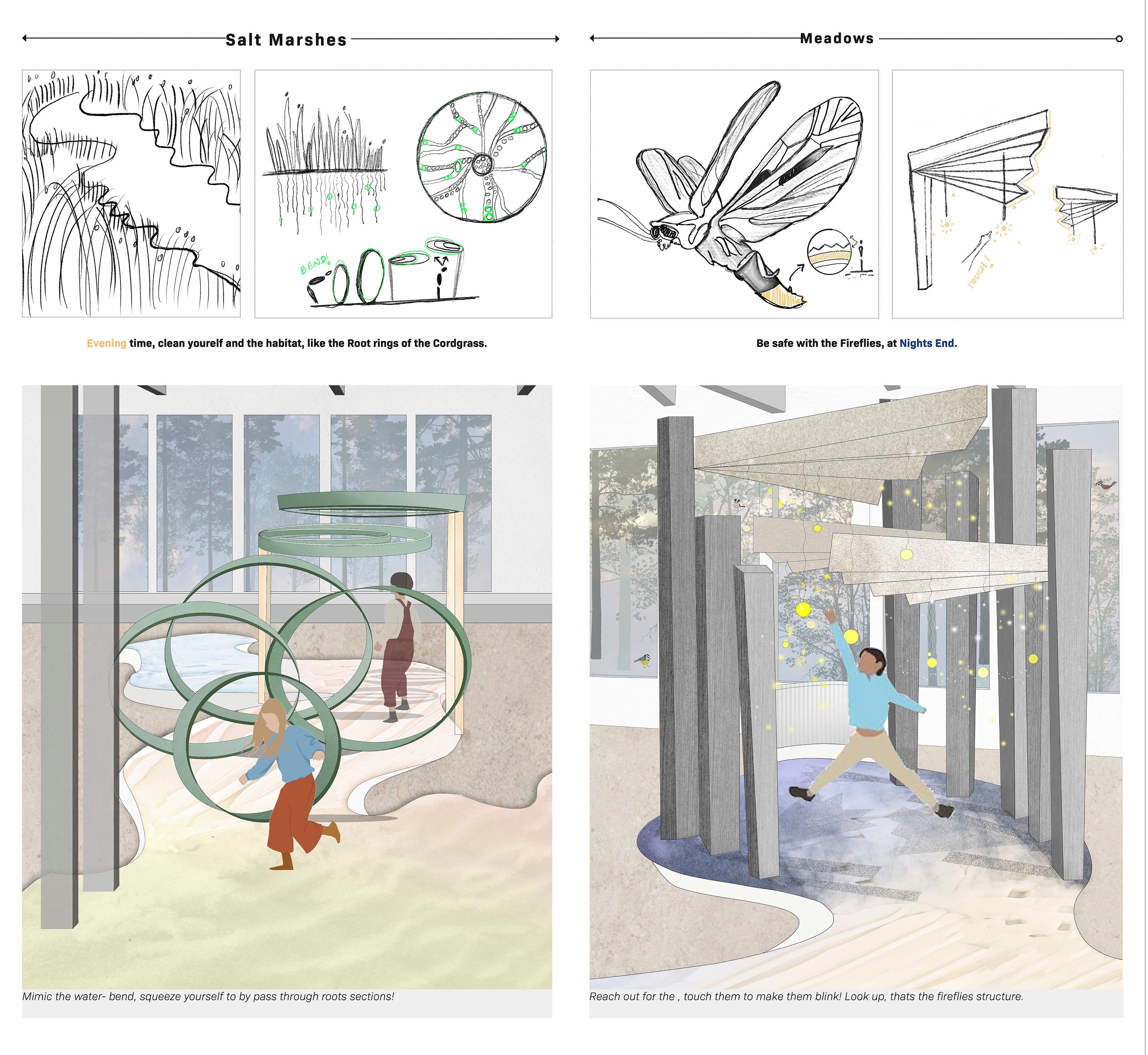 While navigating through the various zones, four concepts took shape translating- time of day, native ecosystems and their textural and materiality qualities and lastly, mimicing biomimcry actions corresponding to daily life survival tasks for the respective organisms in nature.