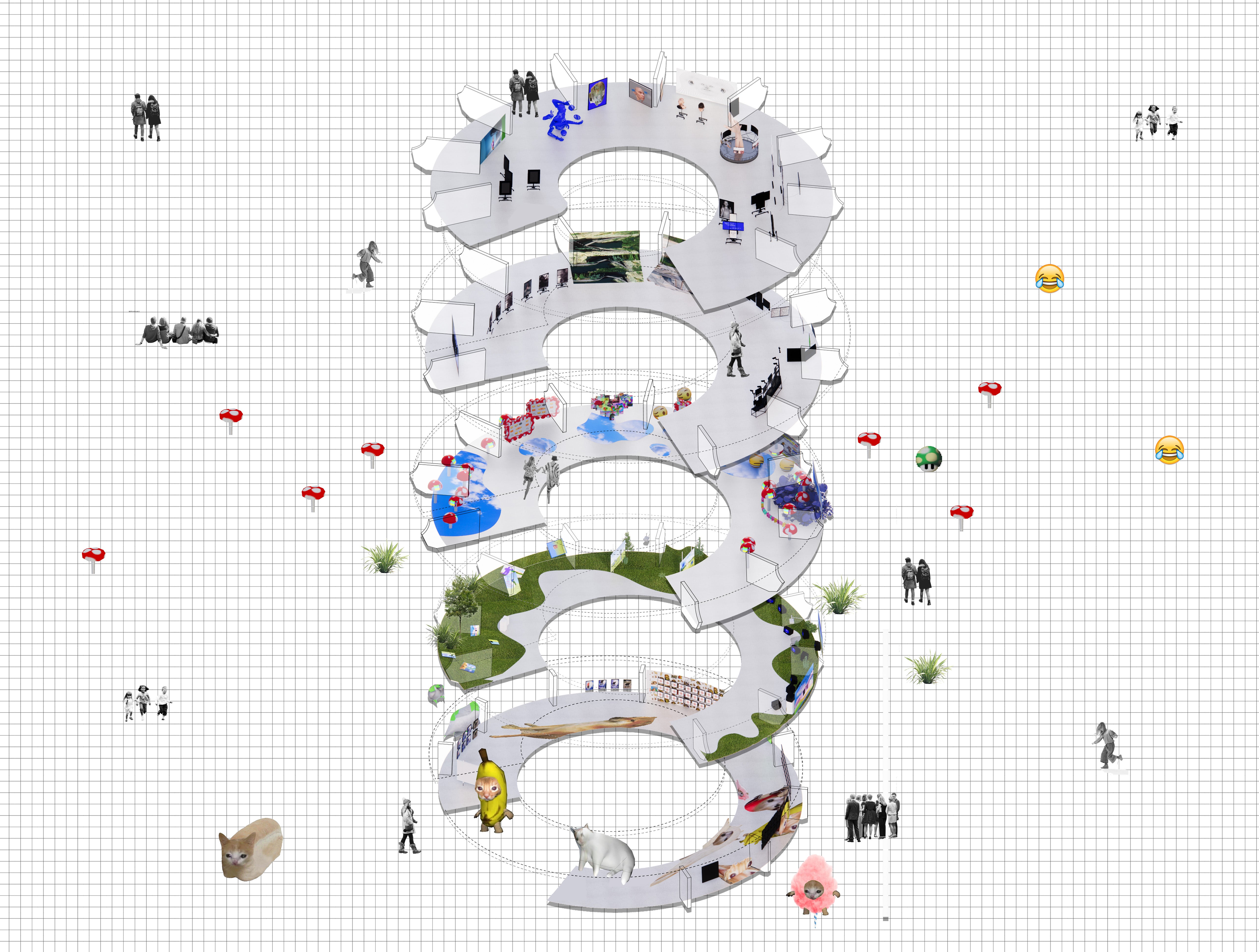 Axon drawing showing different exhibtion sections in Guggenheim