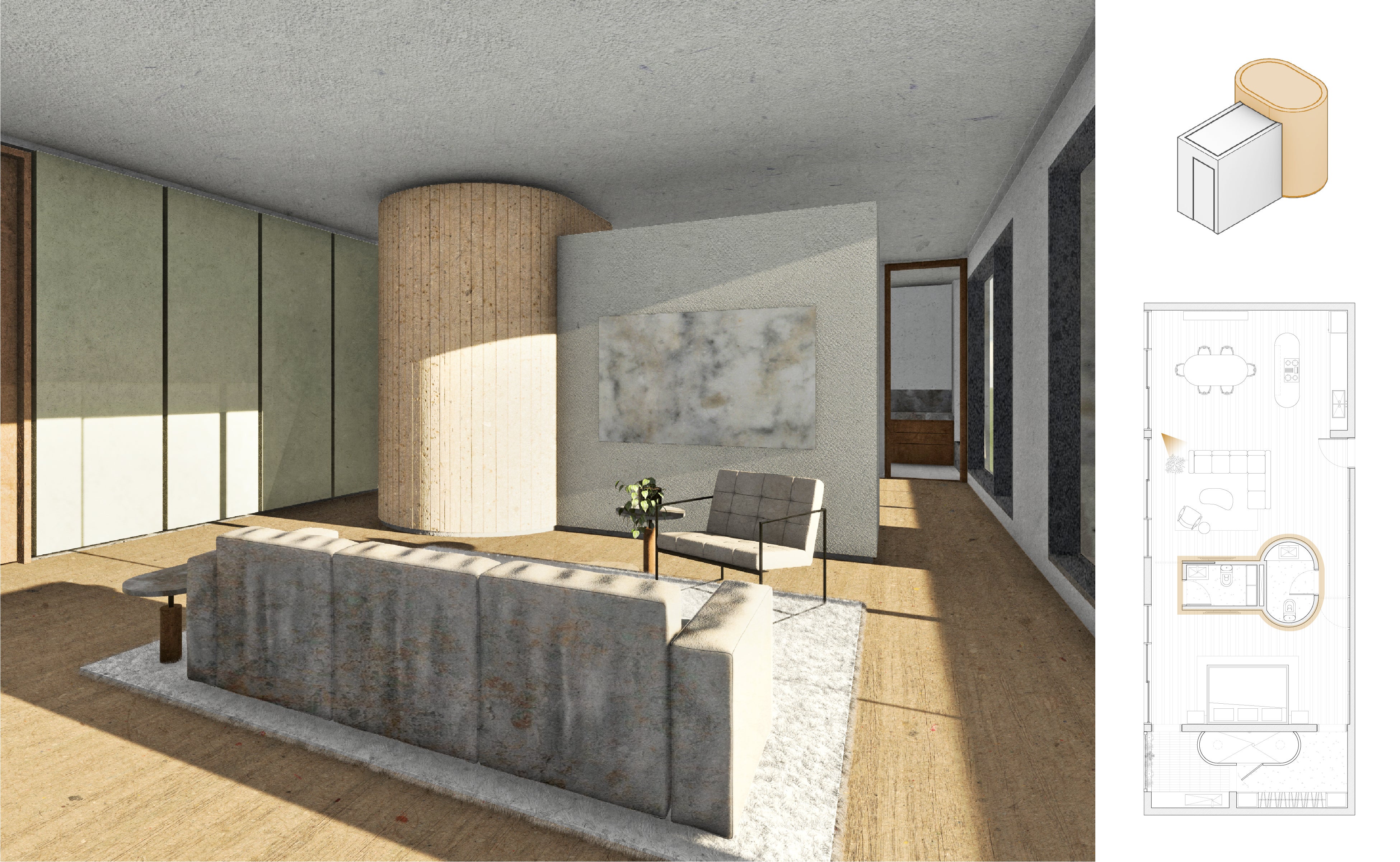 Digital rendering of a living room accompanied by its floorplan and an axonometric drawing of a curved space joining a rectilinear space.