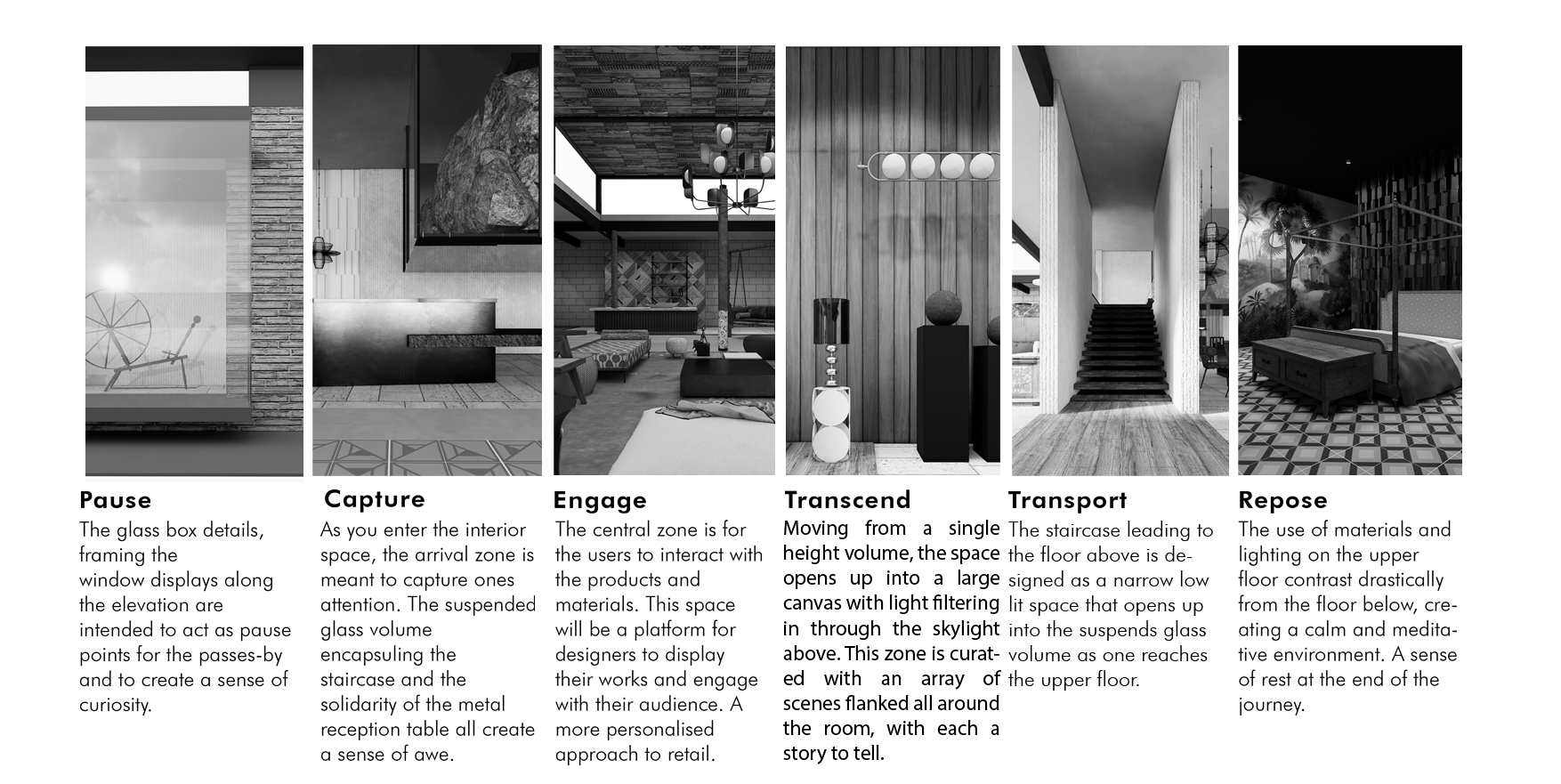 The spaces are zones in a sequential manner to take the users through an immersive journey.