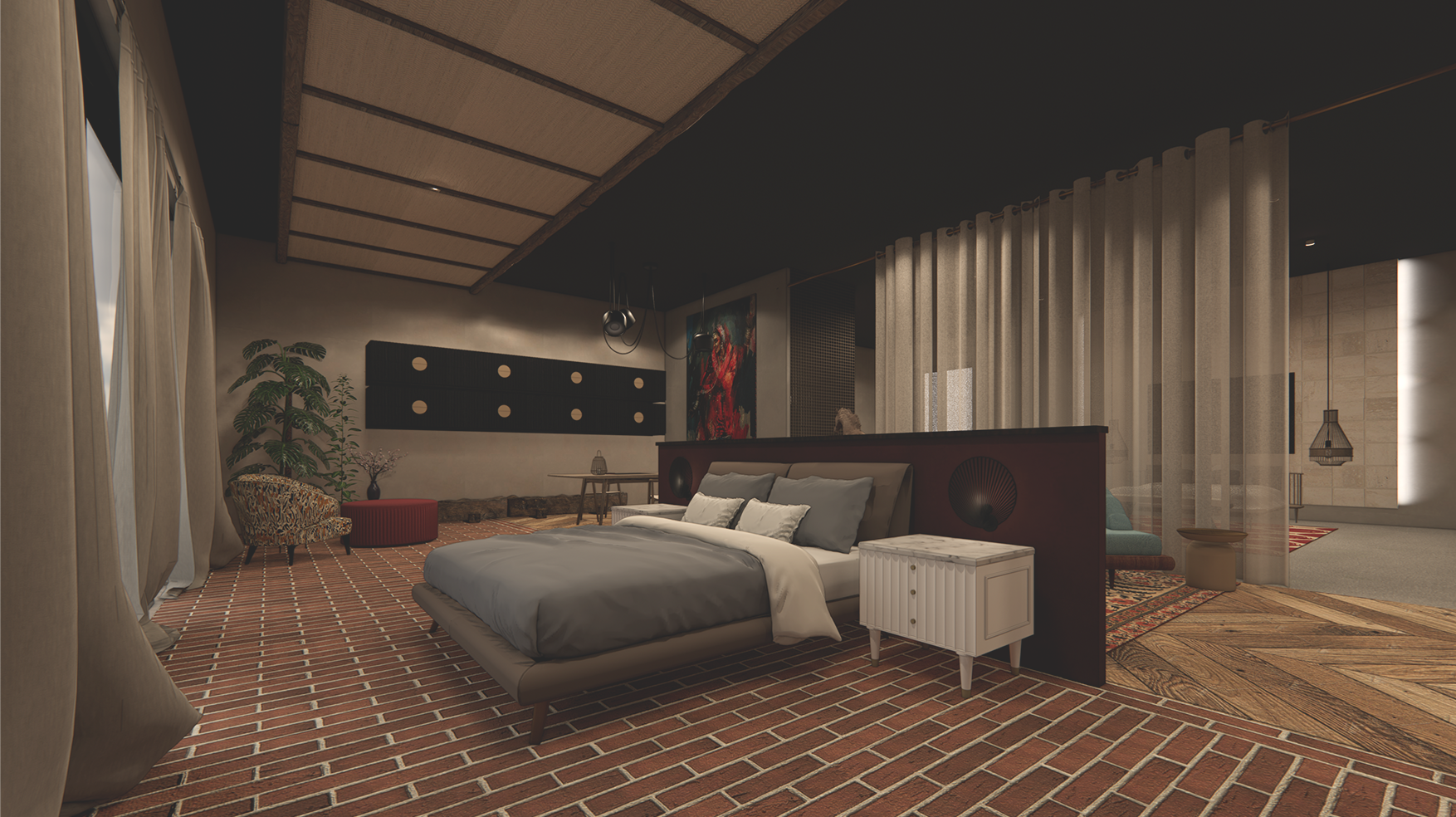 The use of materials and lighting on the upper floor contrast drastically from the floor below, a sense of rest at the end of the journey.