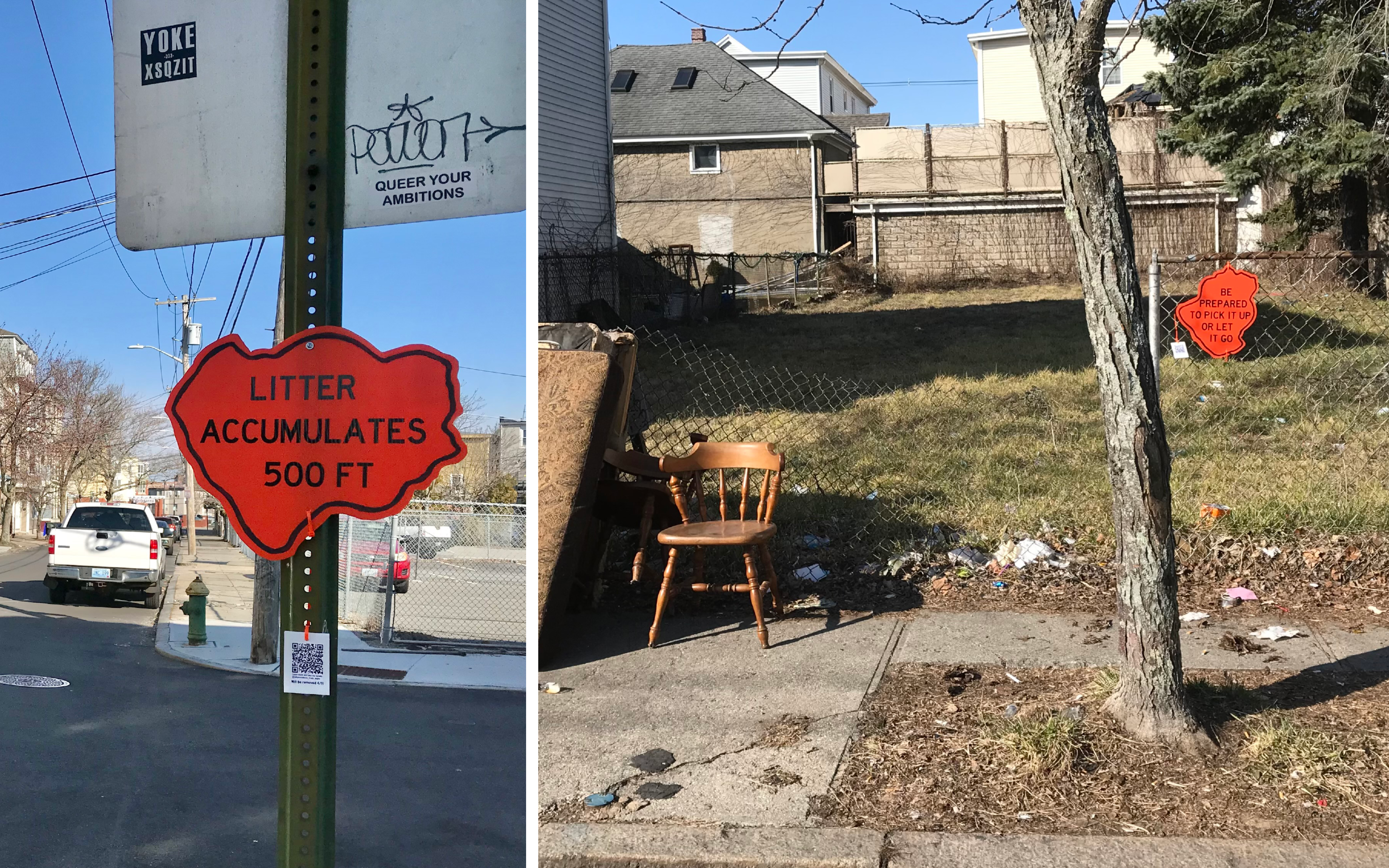 An image collage of two organically-shaped orange signs on a neighborhood street; one reads “Litter accumulates 500 FT,” and the other says, “Be prepared to pick it up or let it go.”