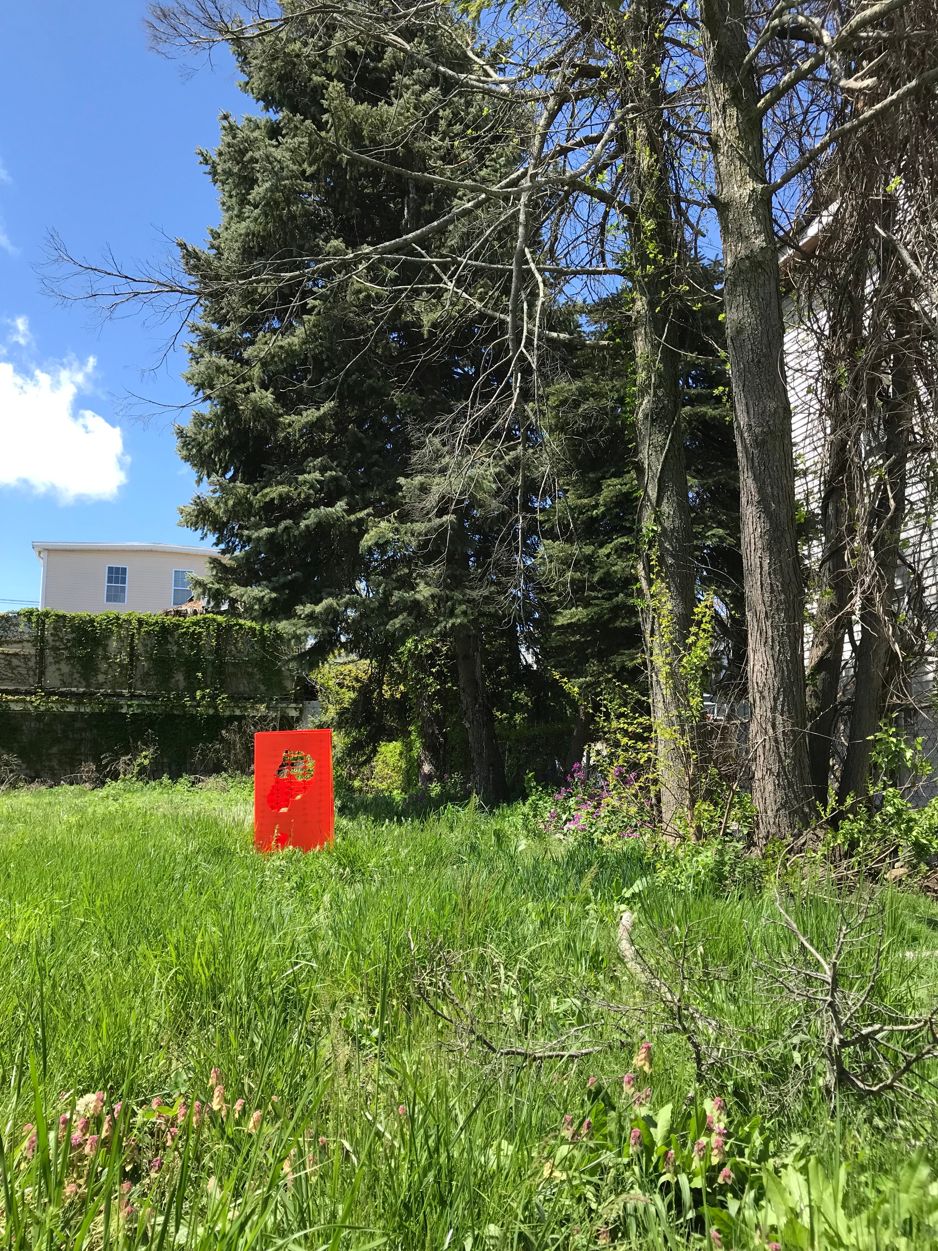An orange plastic box with cut-outs sits in a grassy yard beneath trees.