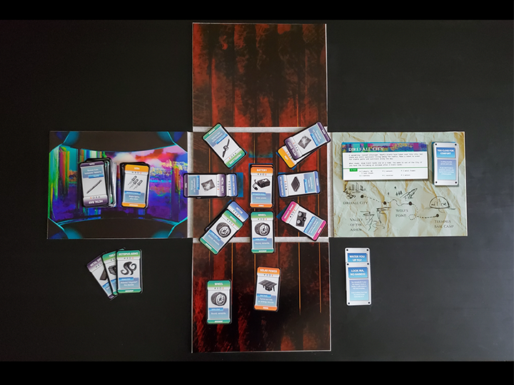Overhead view of the Mechanaire board game, which is shaped like a plus sign and showcasing the cards in the middle of a play.