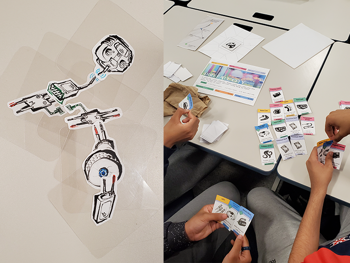Collage of 2 color photos showcasing the prototype cards that was used during testing, the left side is an early transparent version while the right side is the paper prototype.