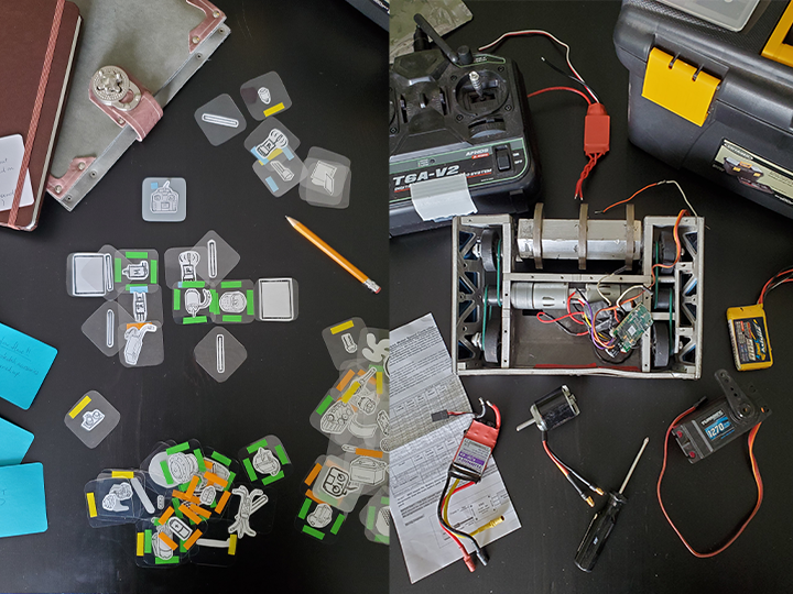 A side by side collage of 2 photographs, left side showing the transparent prototype cards and the right side showing the real-life equivalent robot the cards are representing.
