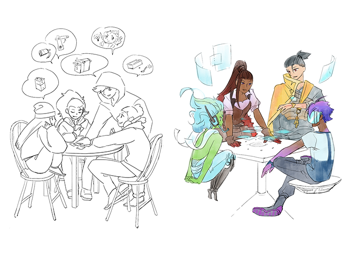 Side by side view of 2 illustrations, left side a black and white inked illustration of 4 children in cartoon form playing a card game around a table, and the right side a colored version of the 4 fantasy characters playing a holographic card game around a table.