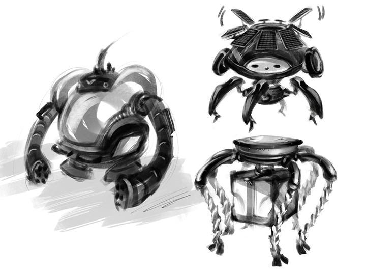 Illustration of 3 robots in black and white.