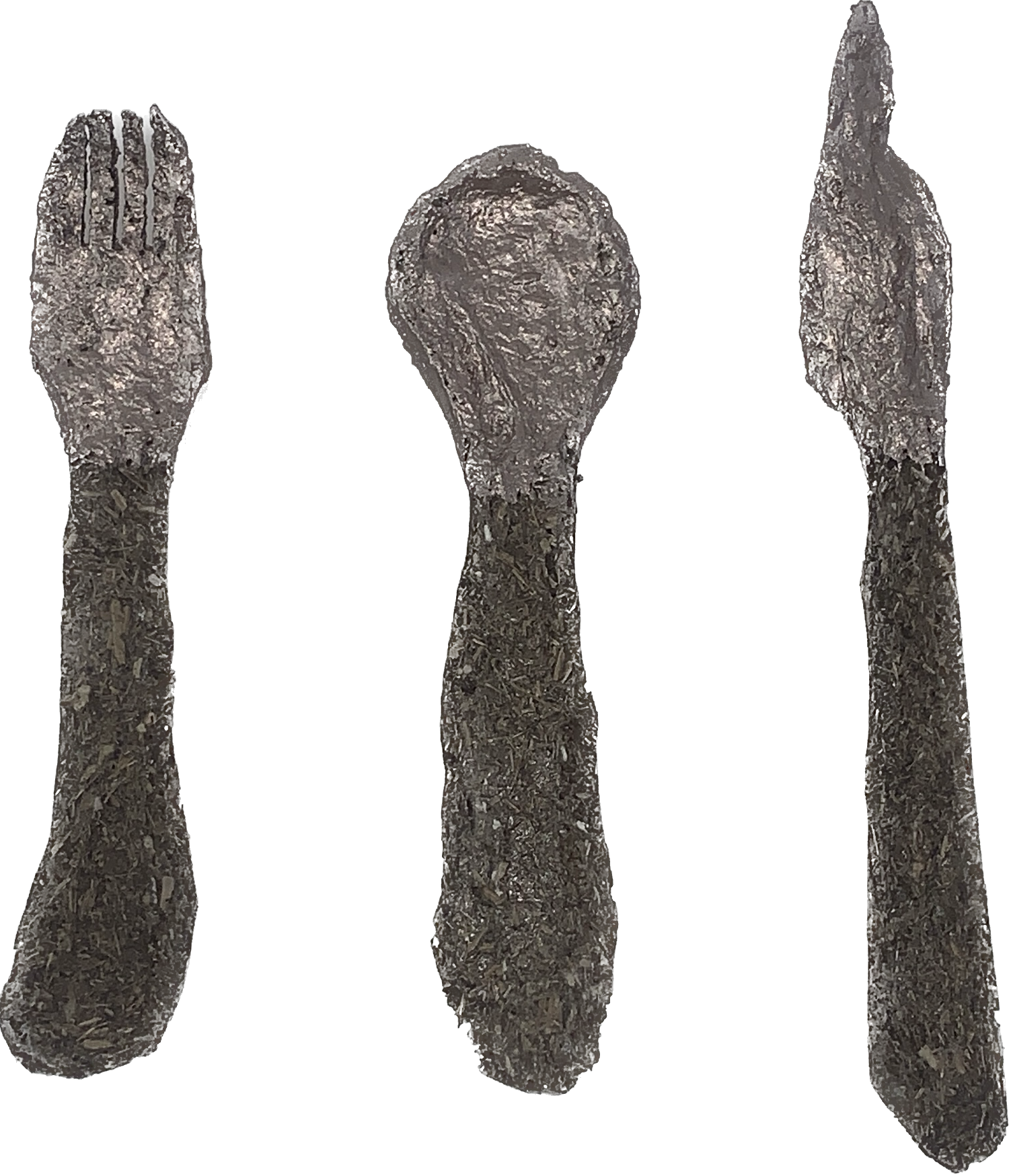 a knife fork and spoon made with cast knotweed powder and electroplated with silver on the ends
