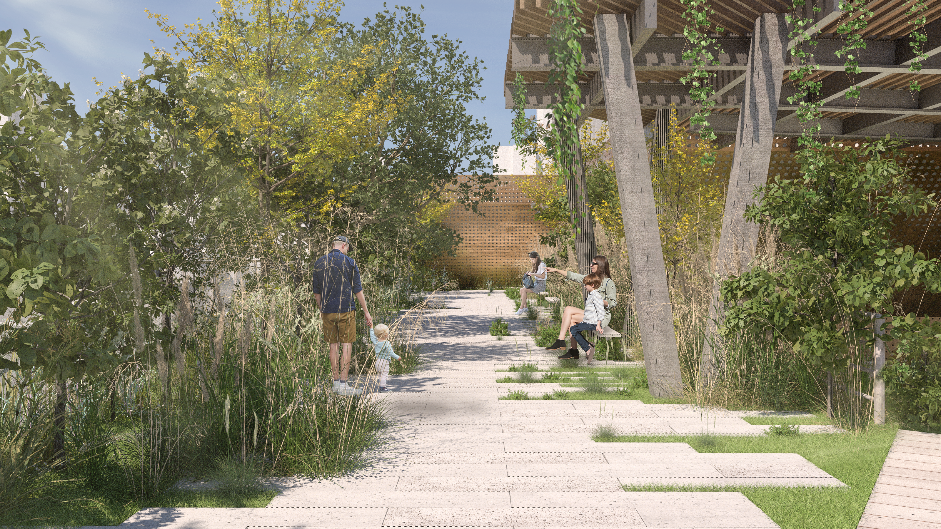 Thicket presents a meandering pathway that gently navigates through a diminutive woodland composed of grasses, shrubs, and trees. This enchanting walkway graciously invites visitors to immerse themselves within the lush surroundings, allowing them to tread upon its charming trails.