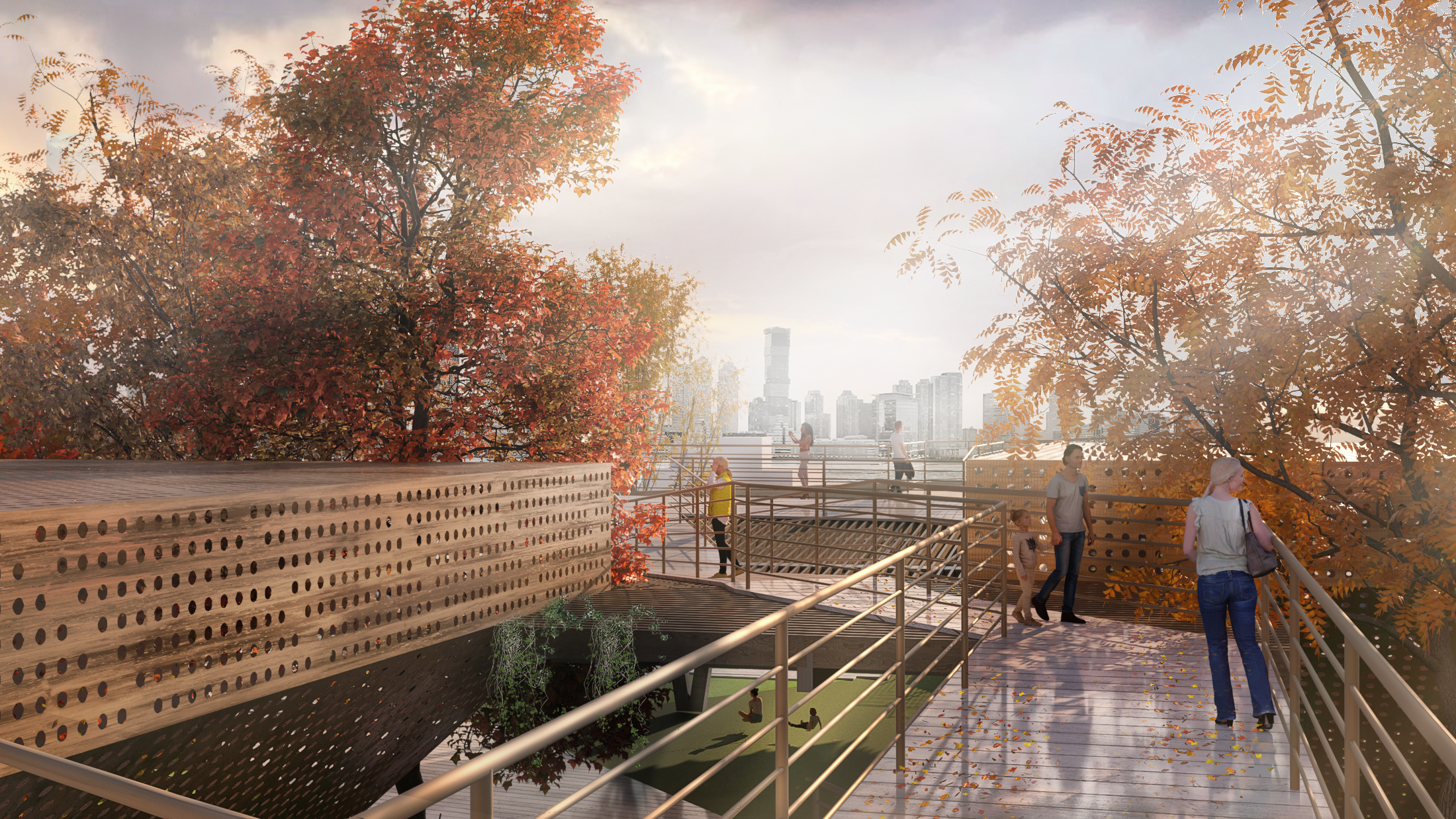 The flyover ascends eleven feet above the original structure, guiding visitors through canopies with autumn trees. Along this elevated path, the visitors will discover a viewing spur that offers a breathtaking panorama of the Jersey City skyline along the Hudson River.