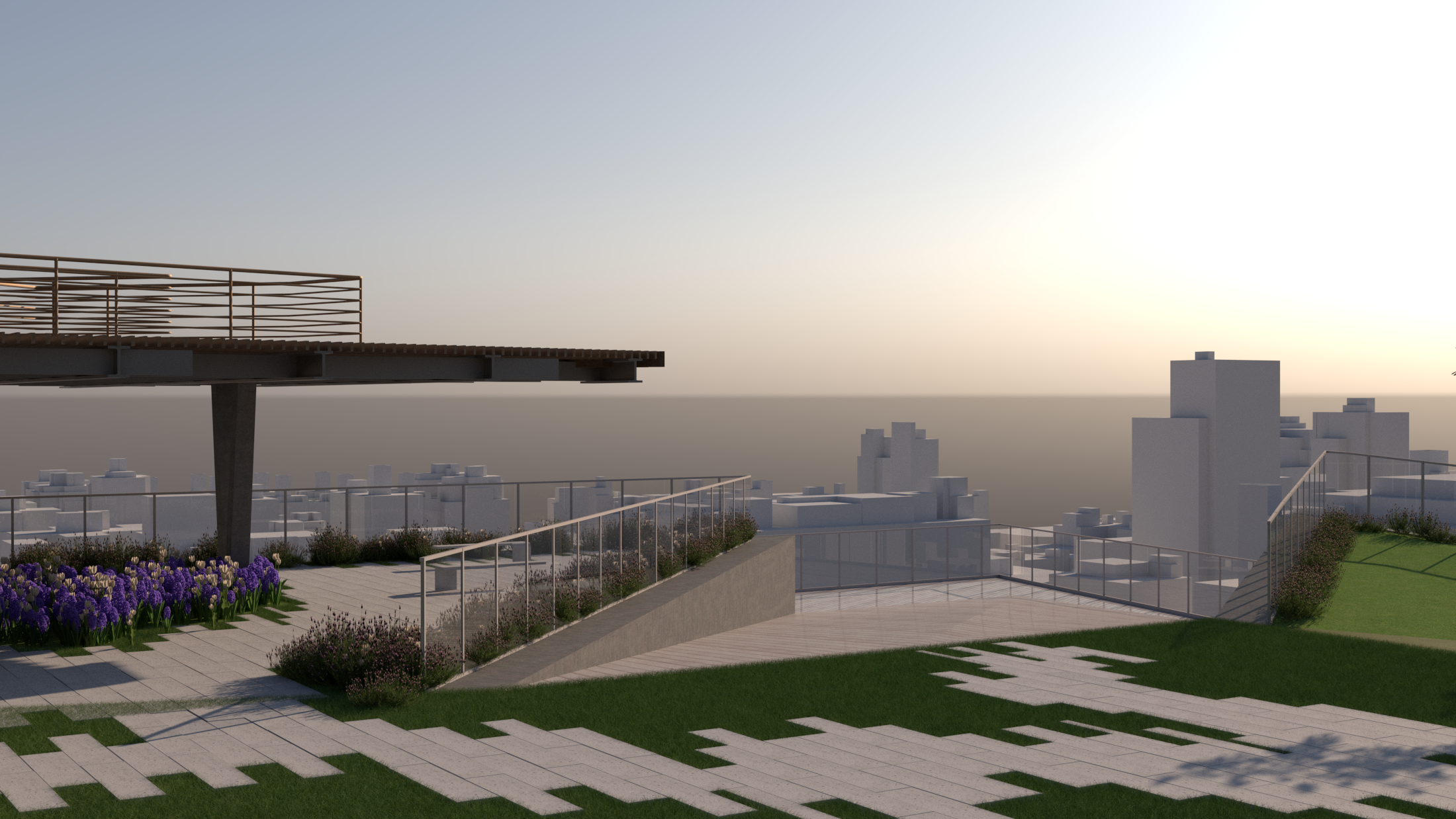 Several overlooks where offer a panoramic Jersey City skyline with Hudson River.