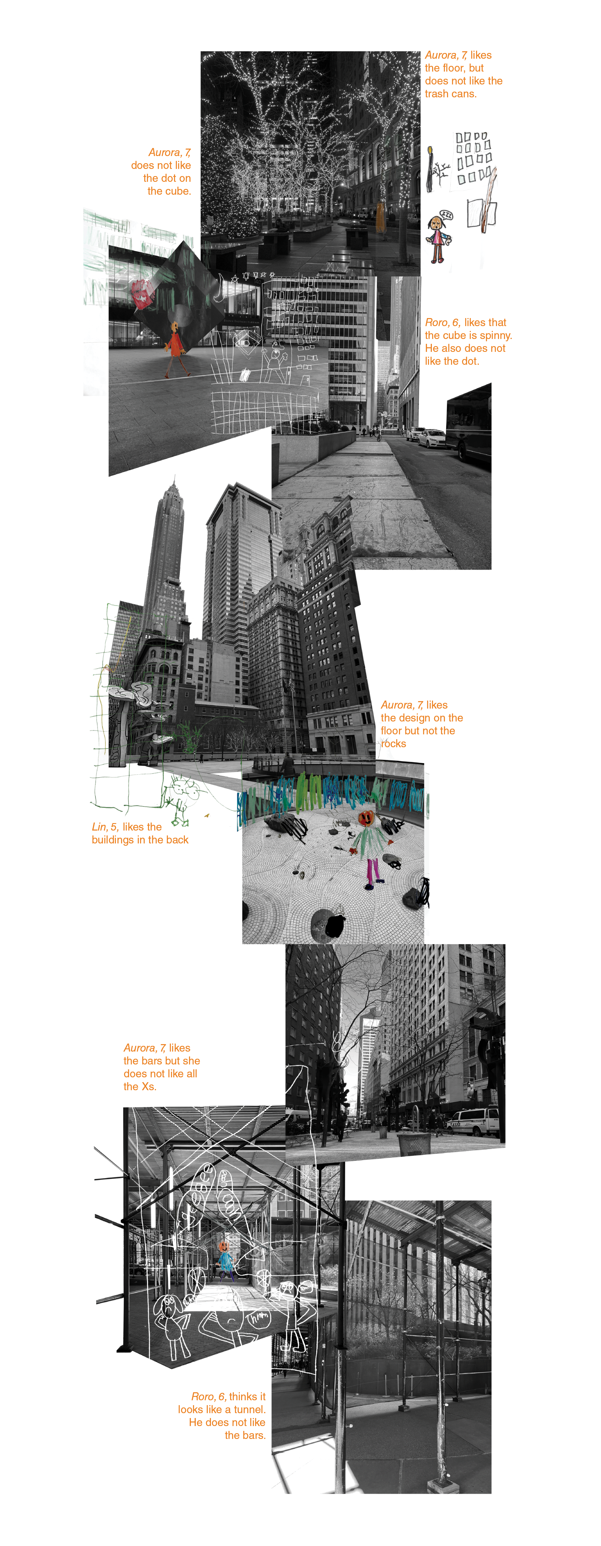 A collage stringing together images of the four chosen sites in New York City with an overlay of drawings of children