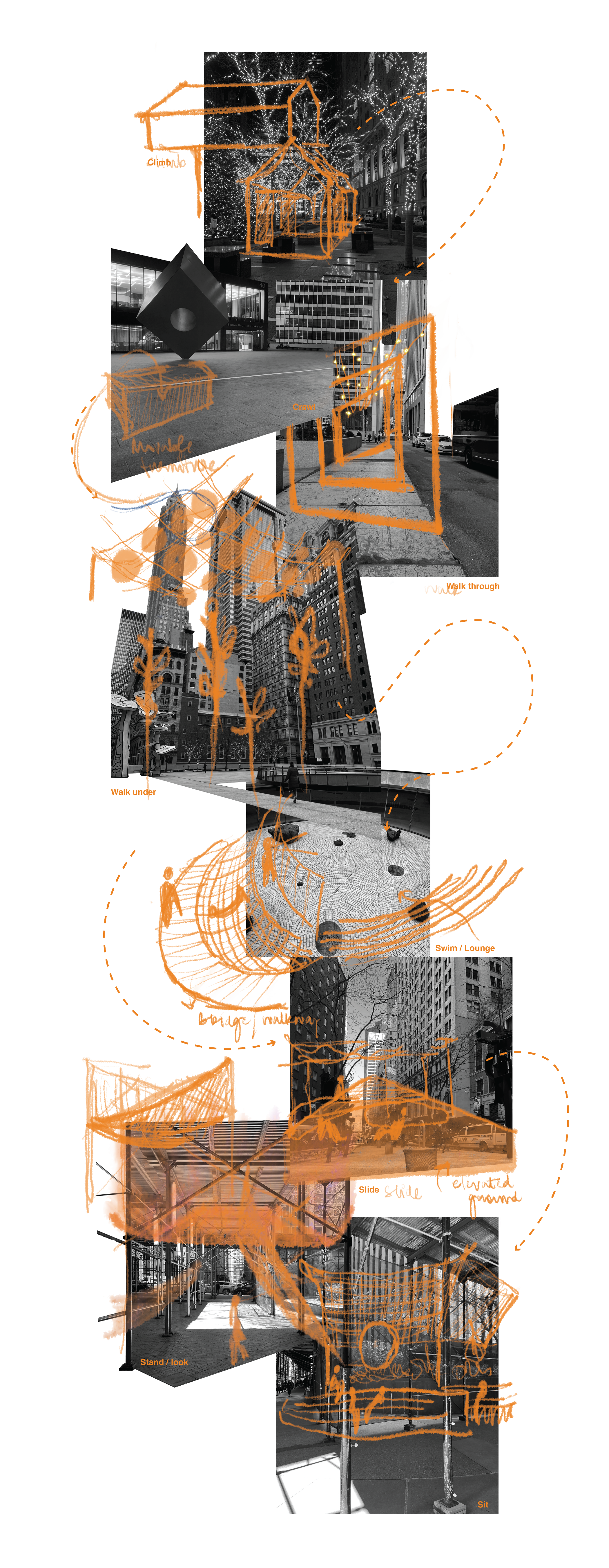 A collage stringing together images of the four chosen sites in New York City with an overlay of conceptual sketches of probable interventions, creating a network of play throughout the site cluster