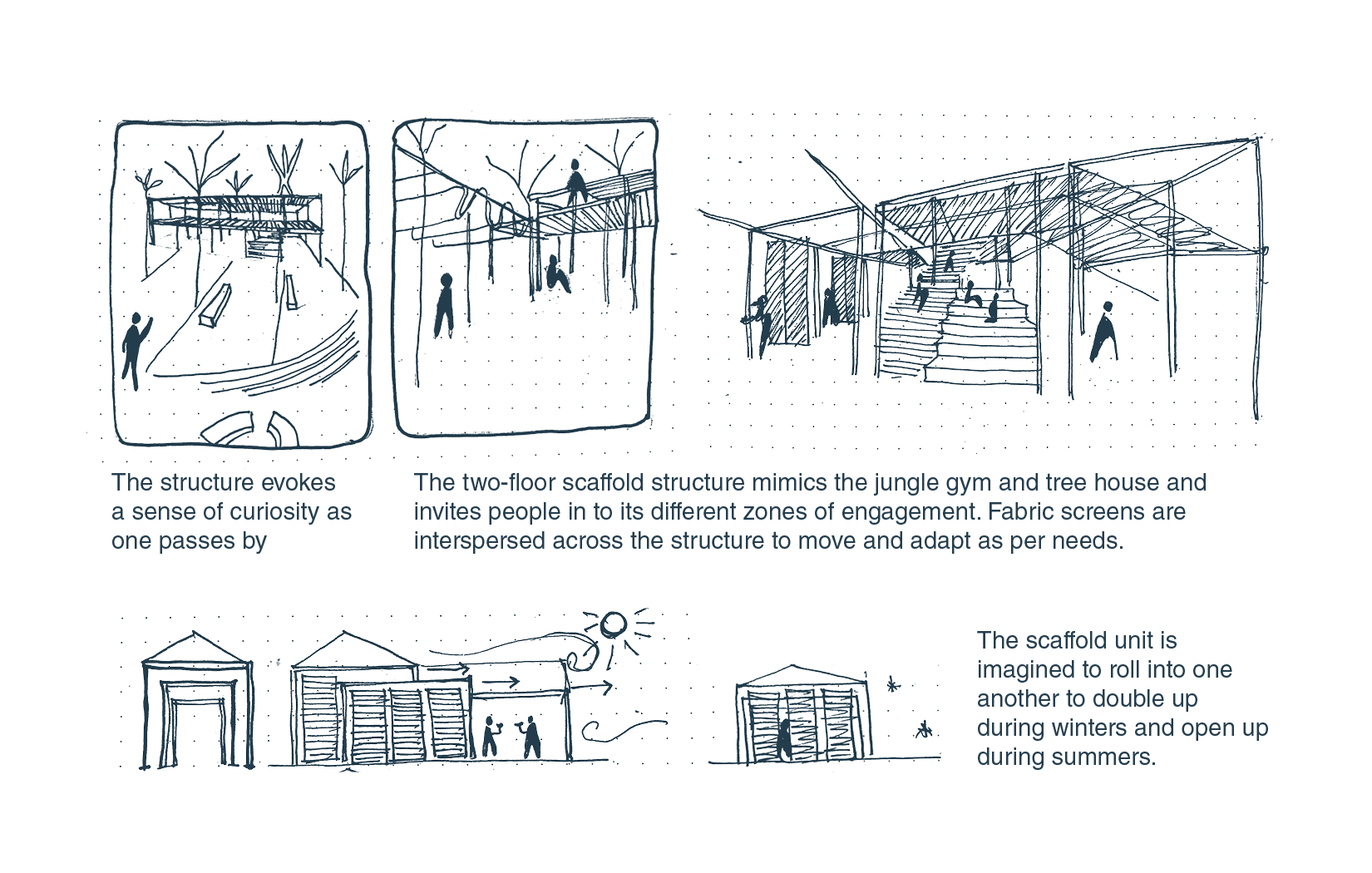 Conceptual hand-drawn sketches illustrating a tree-house scaffold structure in Zuccotti Park that engages the passer-by in activities and memories reminiscent of childhood