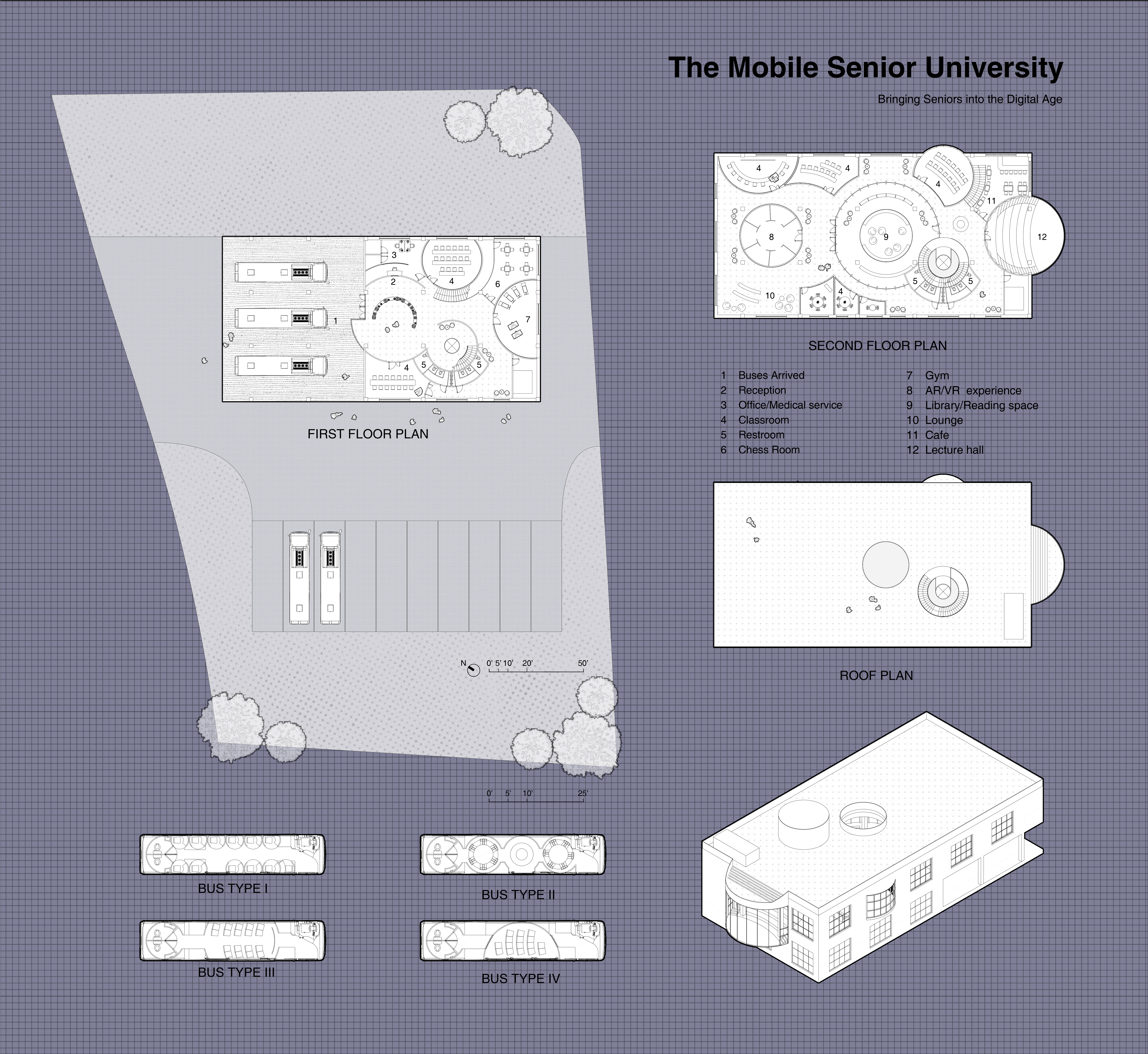 Plans and axonometric drawings.