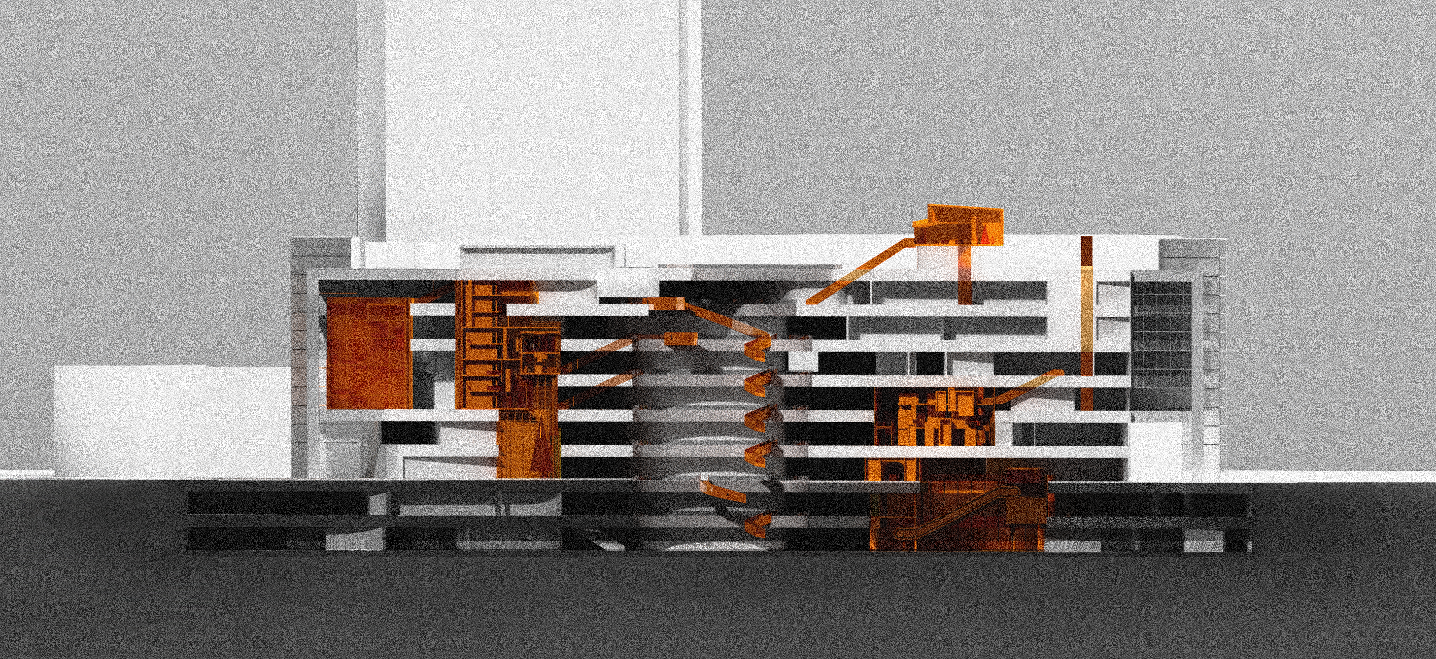 Section shows the relationship of experiential space and the existing mall