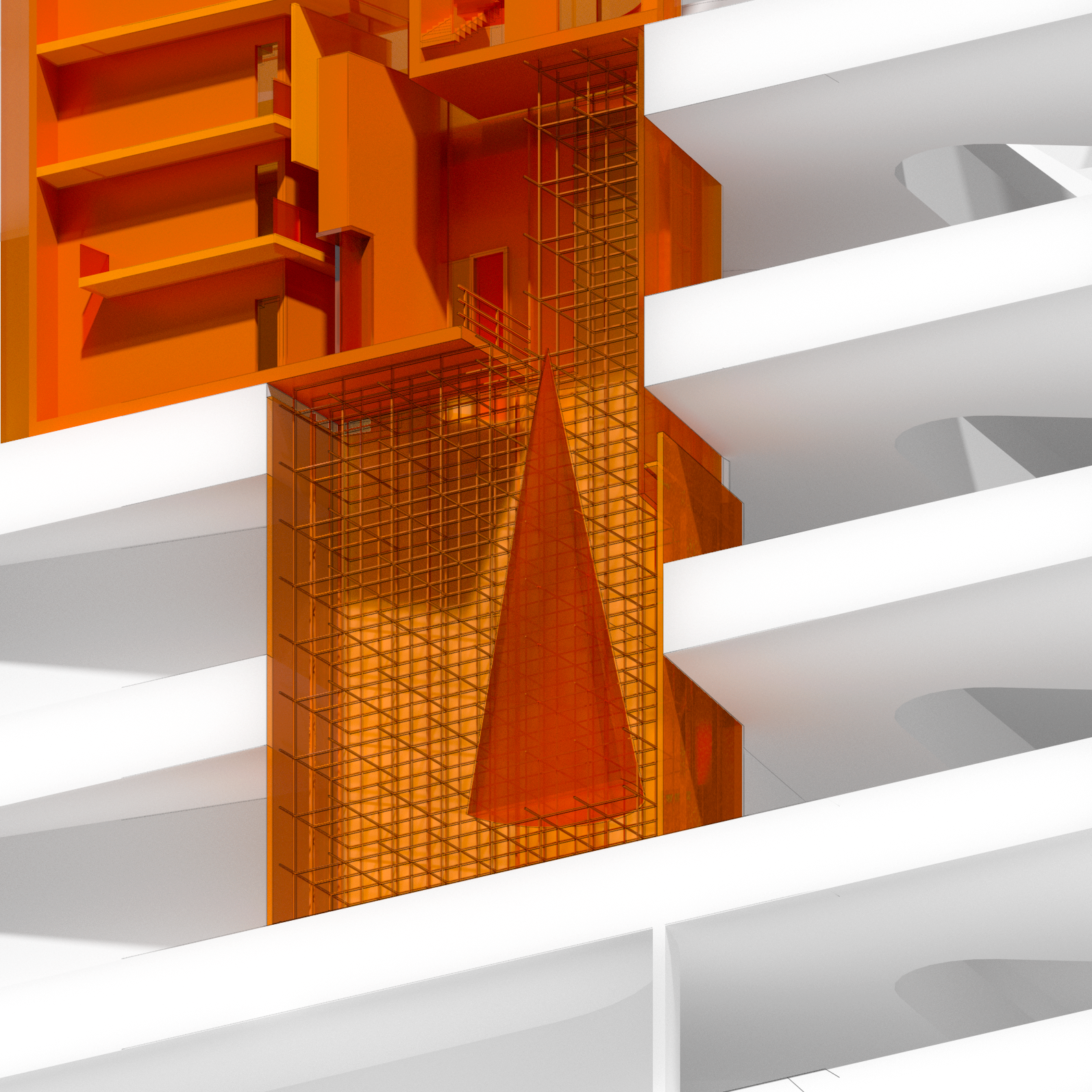 The juxtaposition between the frame structure and the cone symbolically represents the relationship between package size and the actual volume of the product being showcased.