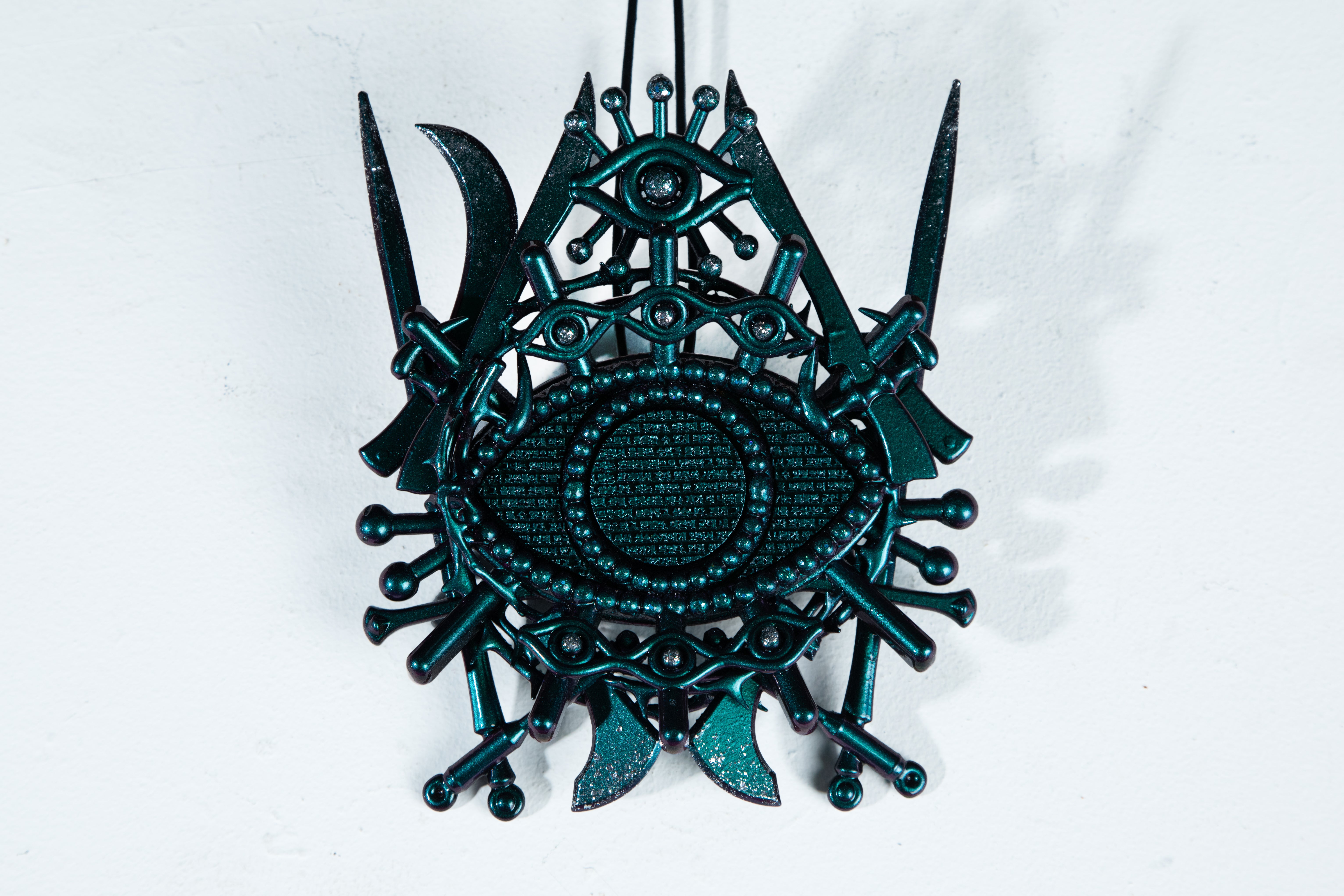 'Summoned Metamorphosis:  2020.1.23' jewelry piece against a black background / Model wearing and holding the jewelry piece 'Summoned Metamorphosis:  2020.1.23 /  Full view of the jewelry piece 'Summoned Metamorphosis:  2020.1.23' on a white background / Close-up detail shot of a jewelry piece 'Summoned Metamorphosis:  2020.1.23 