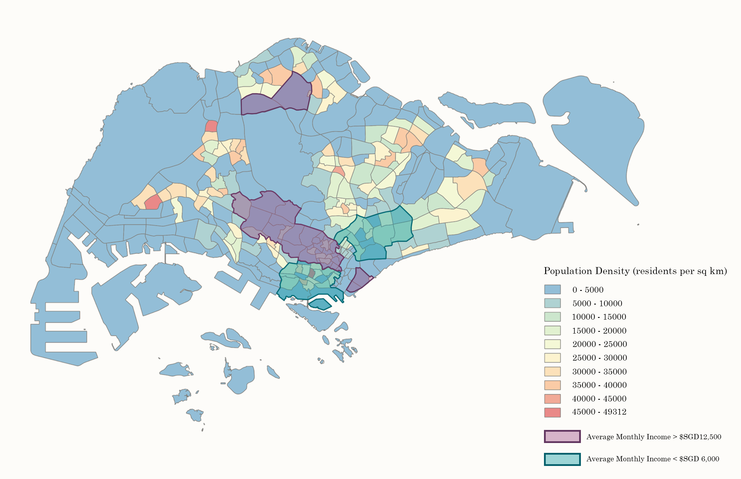 A population density map lies at the bottom and shows where Singapore has the most and least dense residents. An average monthly income highlight is overlapped on the map that shows what areas people make the most and least money in.