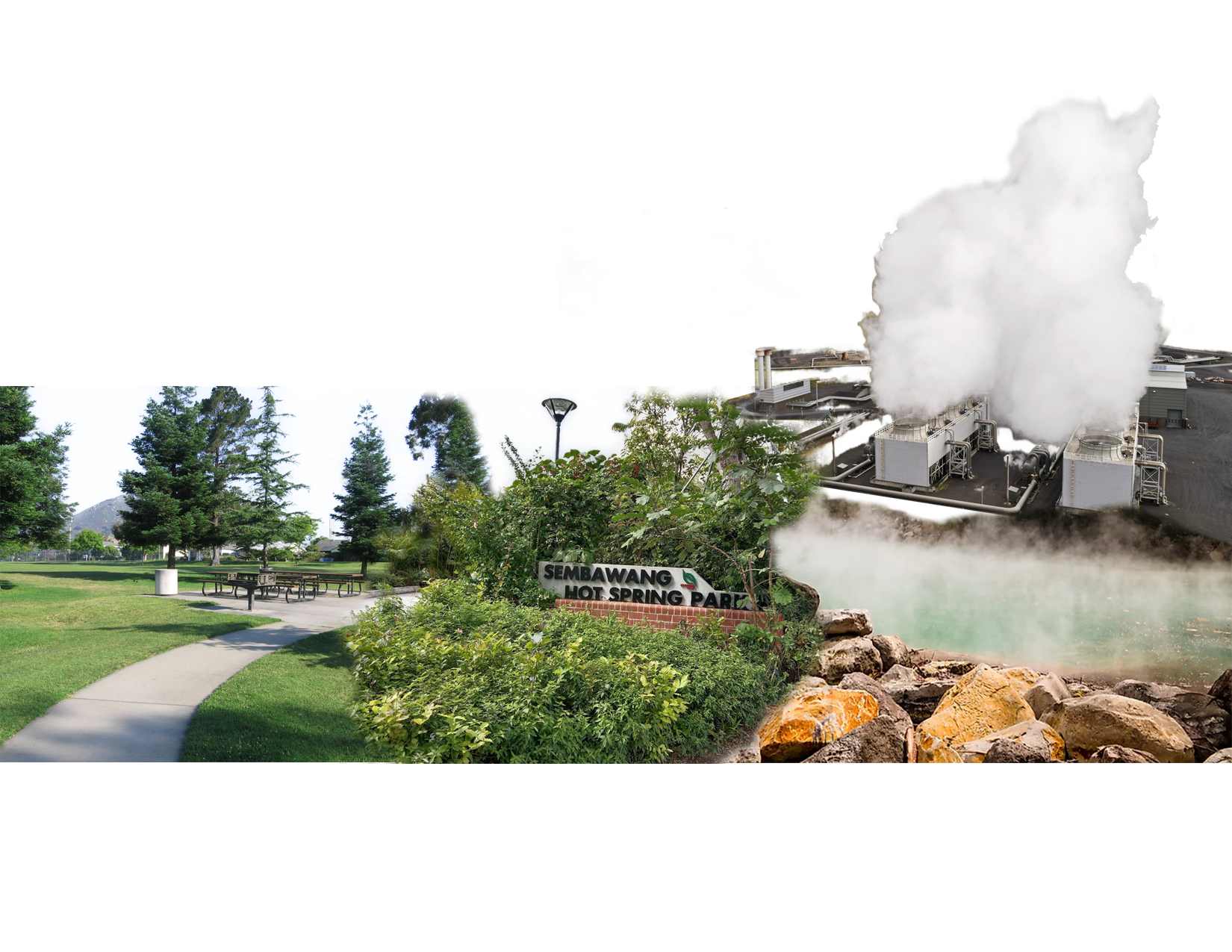 A park entrance image with the sign “Sembawang Hot Spring Park” and a natural open hot spring on the right side. A top view of industrial land with huge white smoke is behind the hot spring.