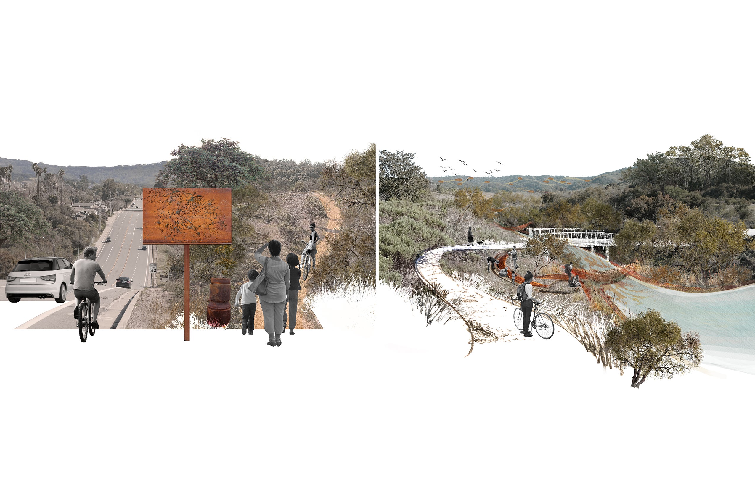 View of signs in the town (left) and from the bottom of the hill by the creek (right)