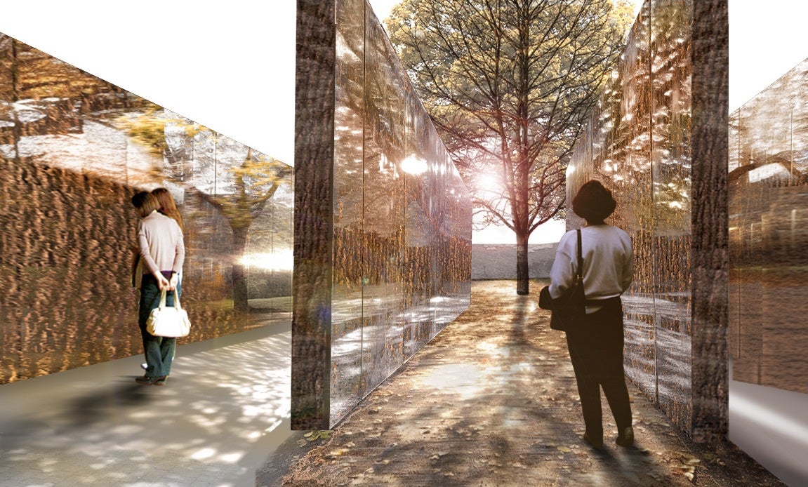 A tree cast shadow on the ground and its image is been reflected by the glass on the wall, people are enjoying the reflecting view of the tree on the wall.
