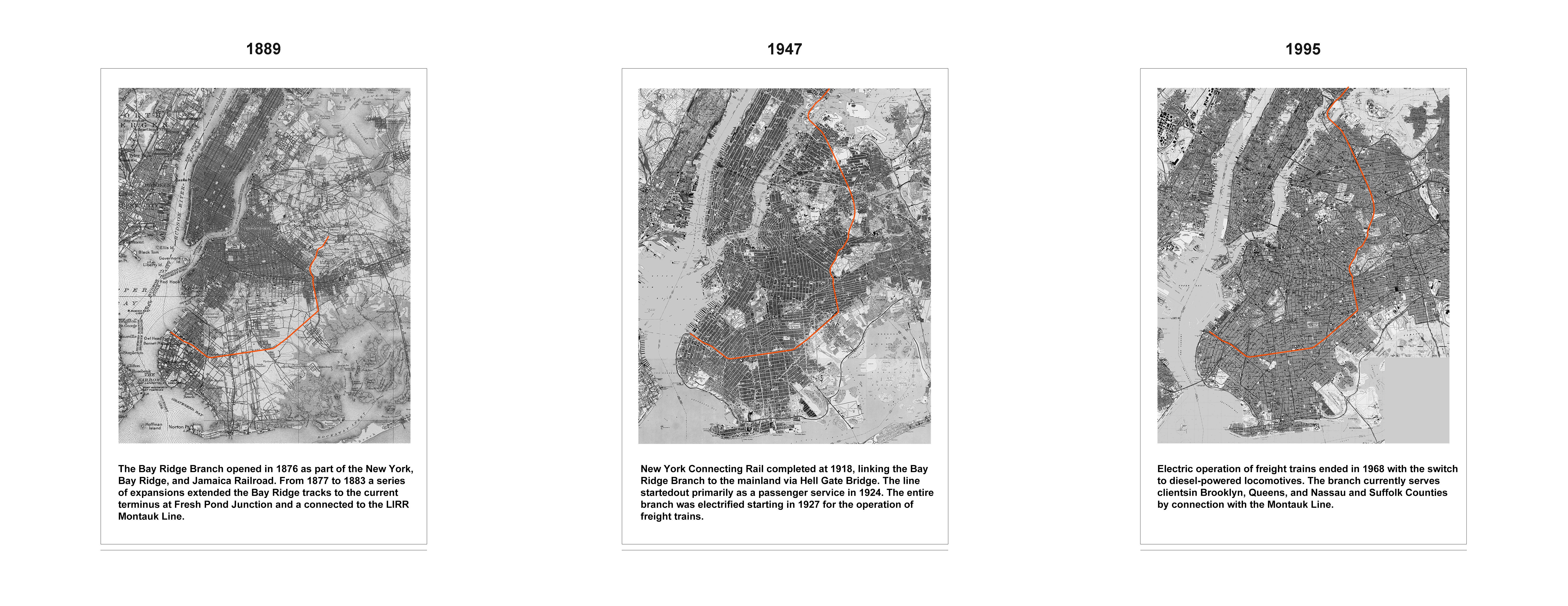 Three maps showing the city of New York at different times.